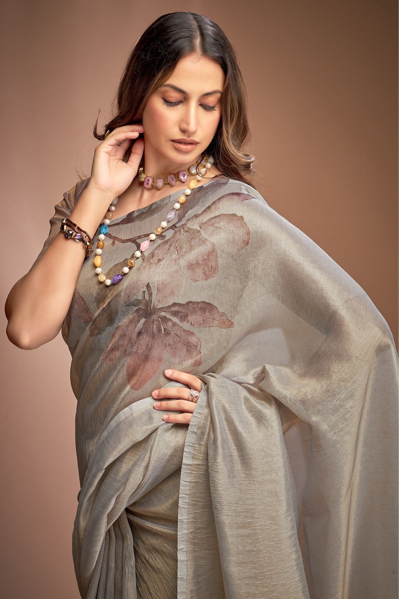 Buy MySilkLove Dusty Miller Grey Printed Tissue Saree Online