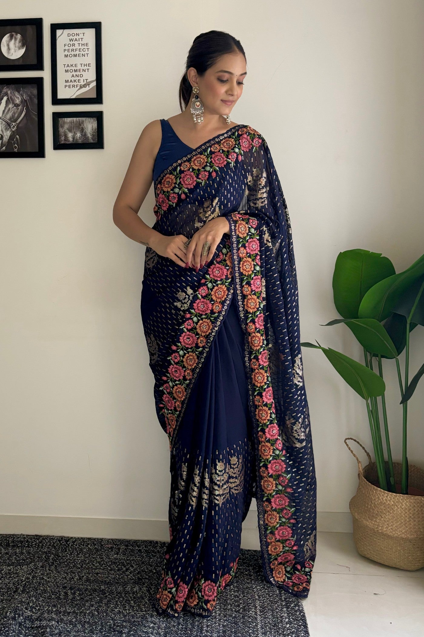 Buy MySilkLove Navy Blue Embroidery Designer Georgette Saree Online