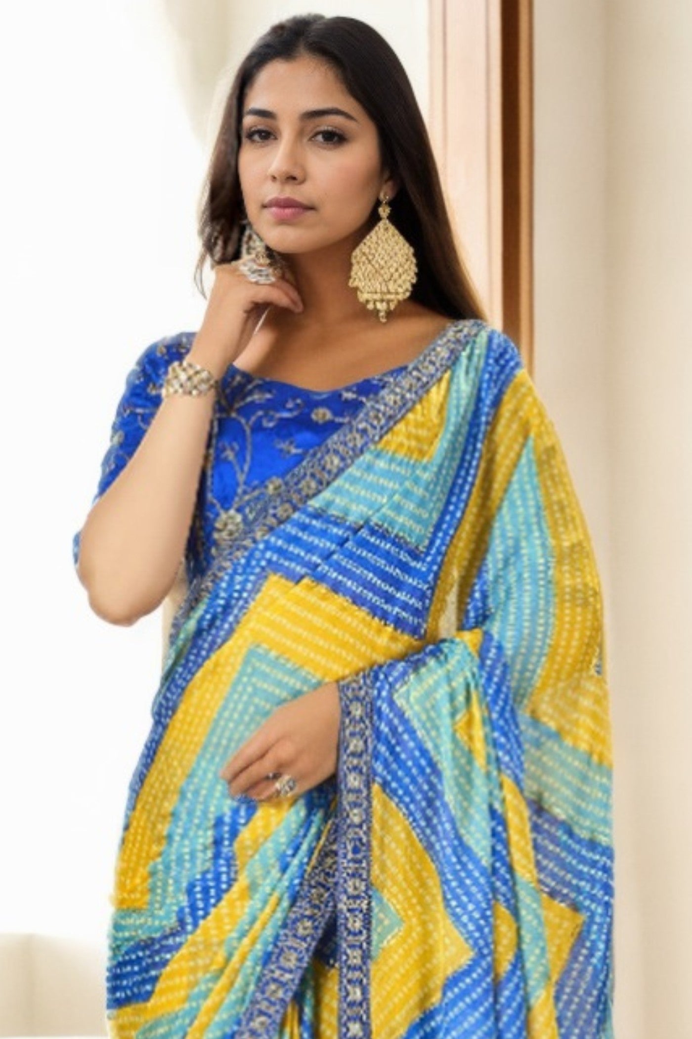 Buy MySilkLove Azure Blue and Yellow Bandhani Digital Printed Silk Saree Online