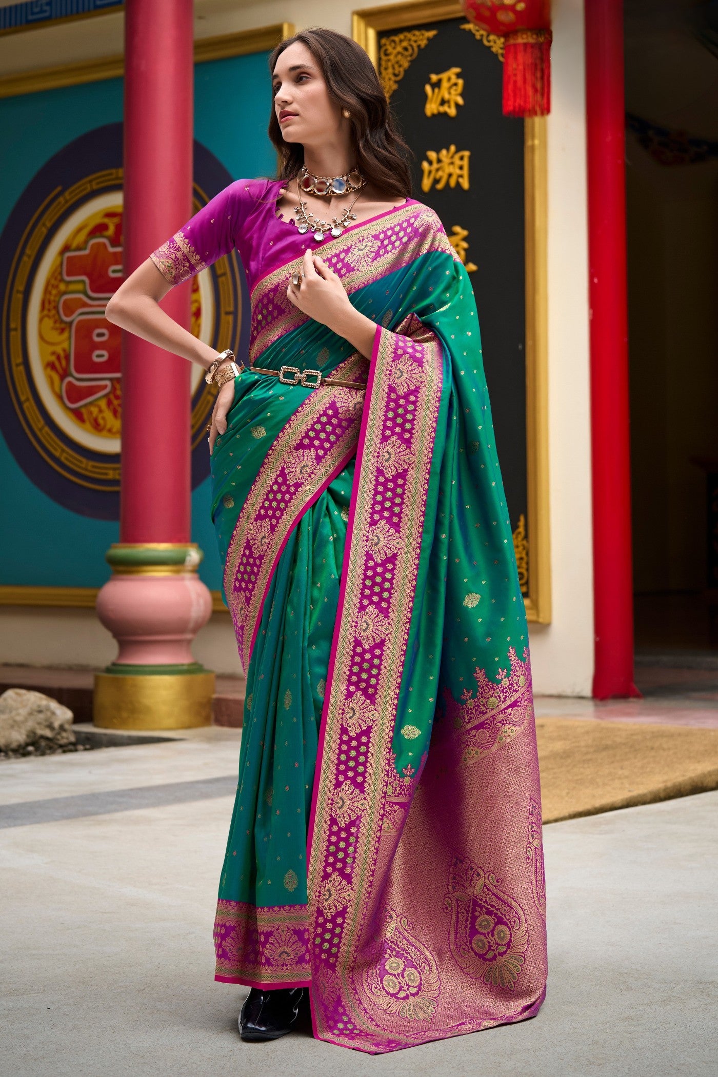 Buy MySilkLove Phthalo Green Woven Banarasi Saree Online