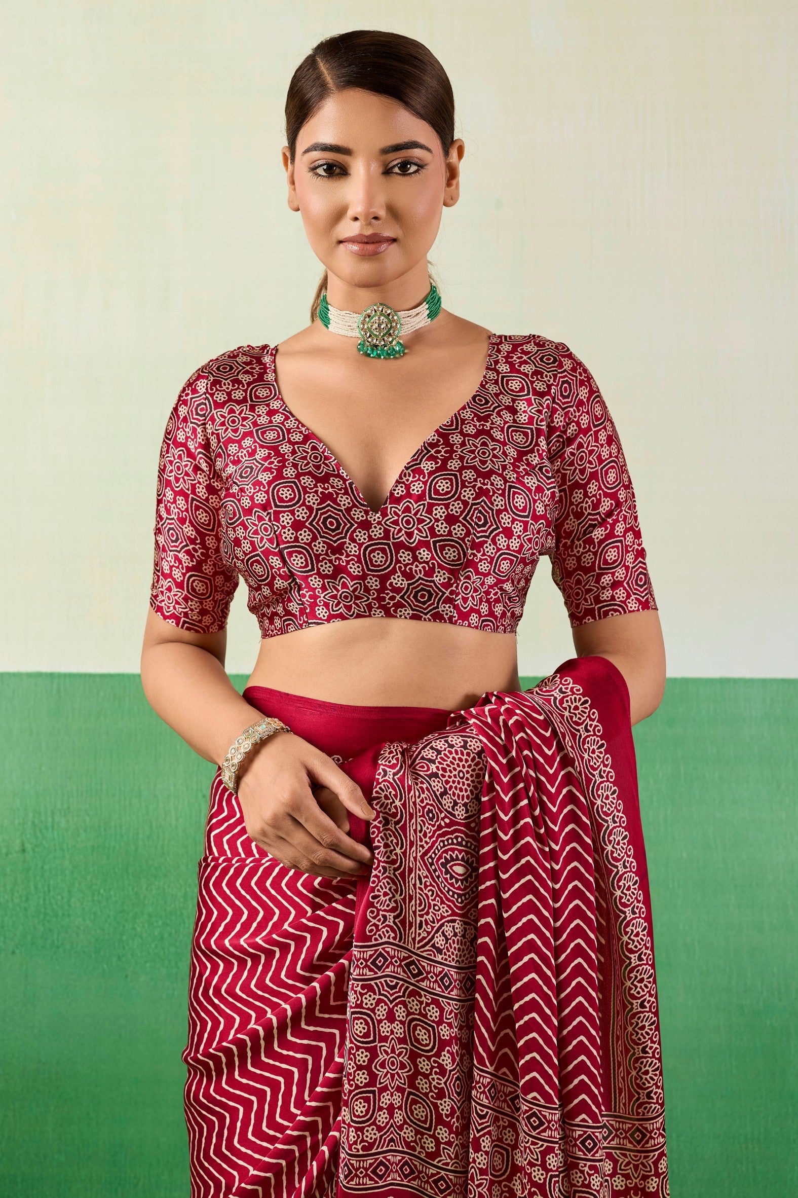 Buy MySilkLove Bittersweet Red Modal Ajrakh Satin Printed Silk Saree Online