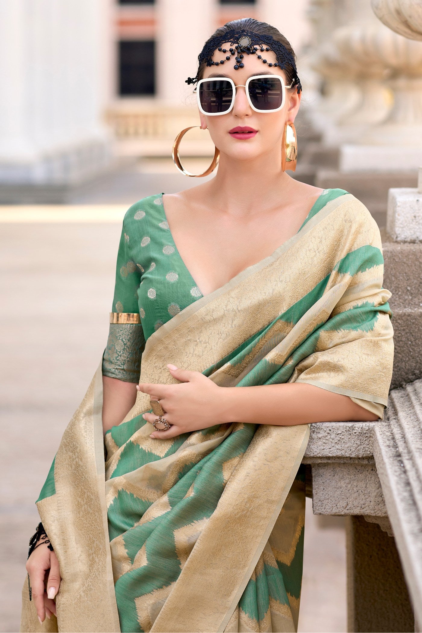 Buy MySilkLove Cactus Green Woven Linen Cotton Saree Online