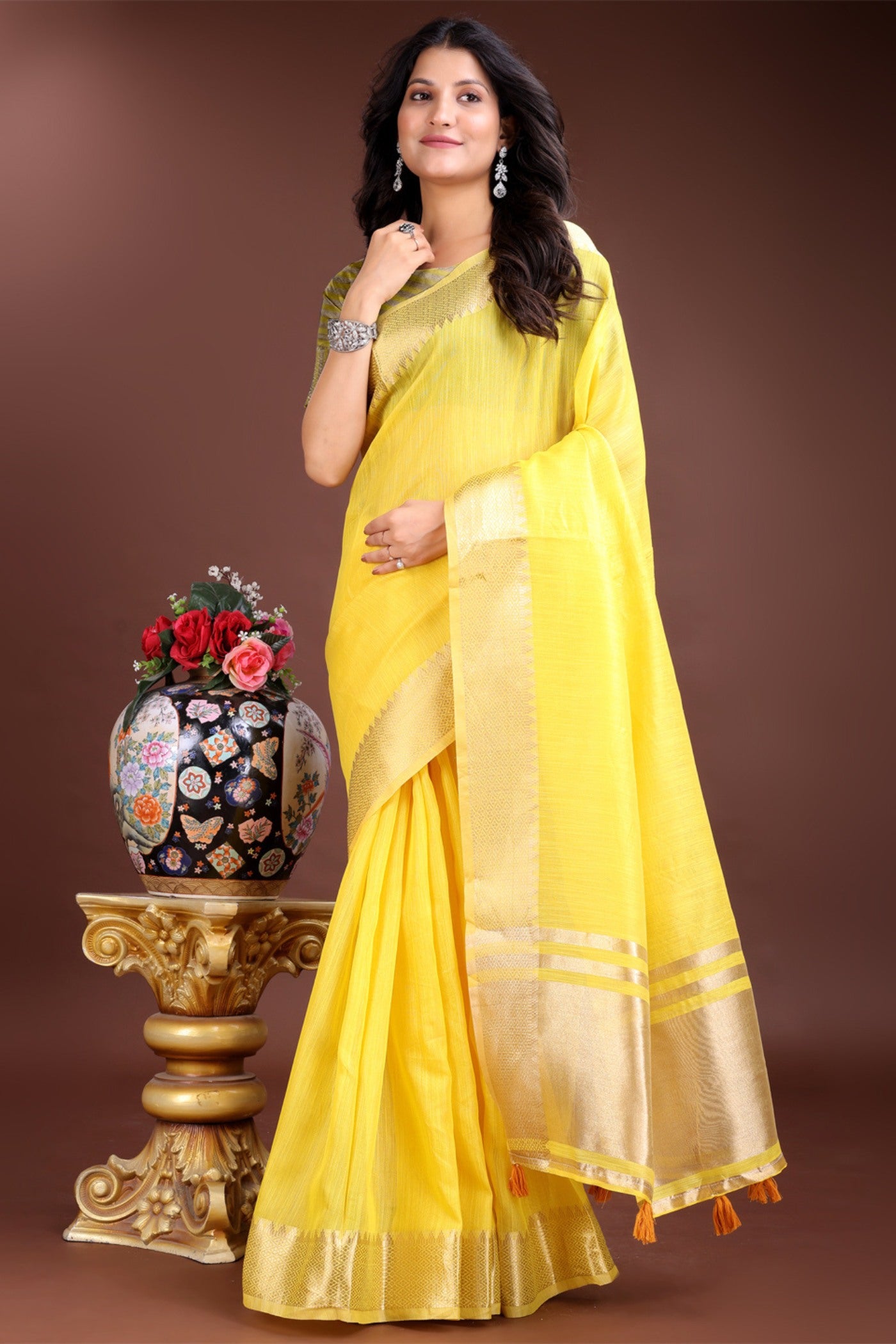 Buy MySilkLove Lemon Yellow Woven Cotton Saree Online
