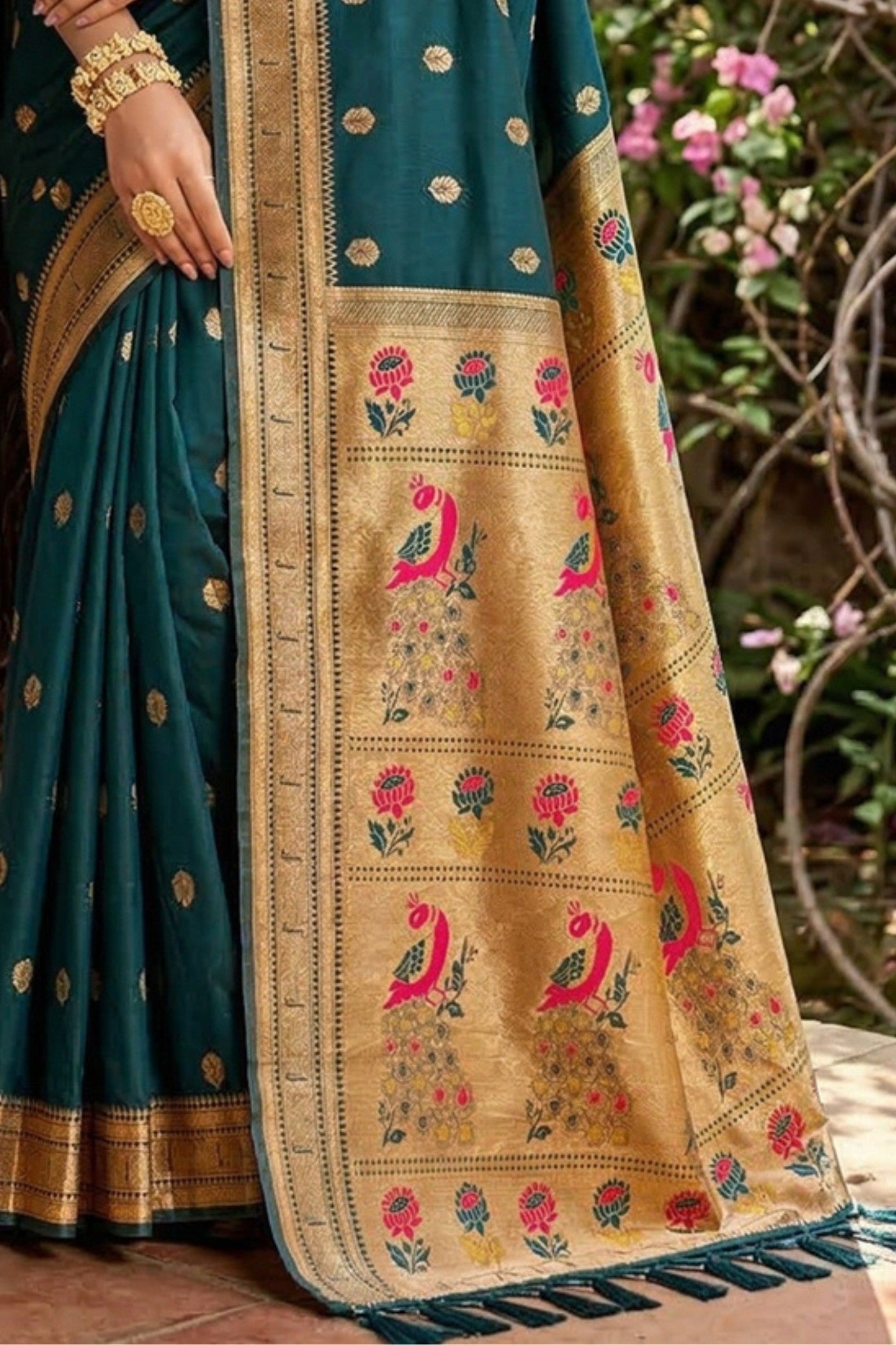 Buy MySilkLove Bottle Green Zari Woven Paithani Saree Online