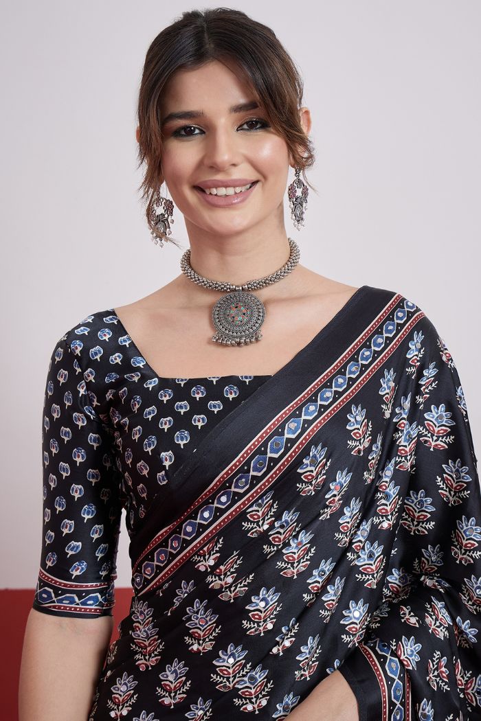 Buy MySilkLove Ebony Black Modal Ajrakh Satin Printed Mirror Work Saree Online