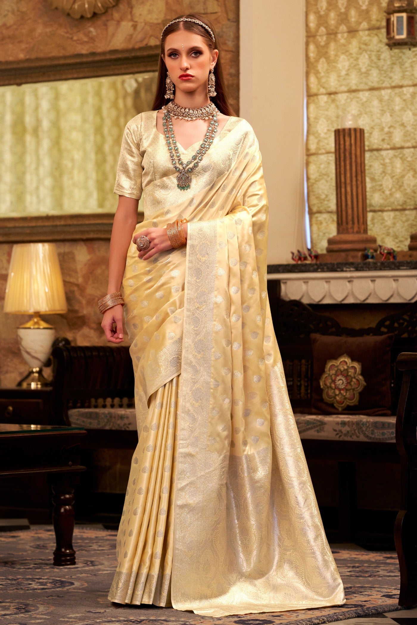 Buy MySilkLove Gold Woven Banarasi Satin Soft Silk Saree Online