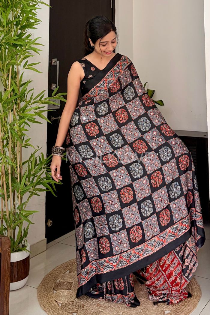 Buy MySilkLove Flint Black Ajrakh Modal Mirror Work Satin Silk Saree Online