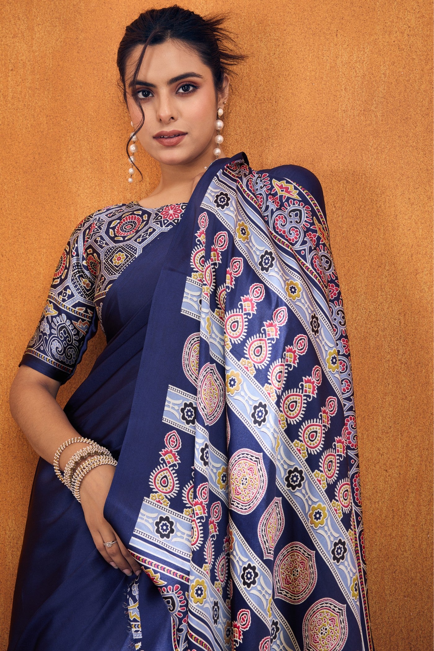 MySilkLove Bluebells Ajrakh Printed Satin Crepe Silk Saree