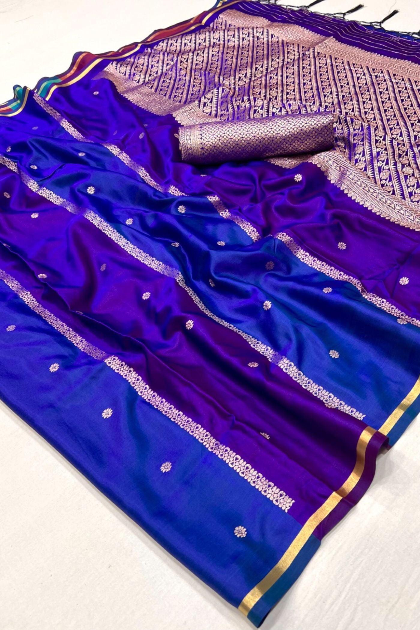 Buy MySilkLove Dark Blue Handloom Rangkat Banarasi Satin Silk Saree Online