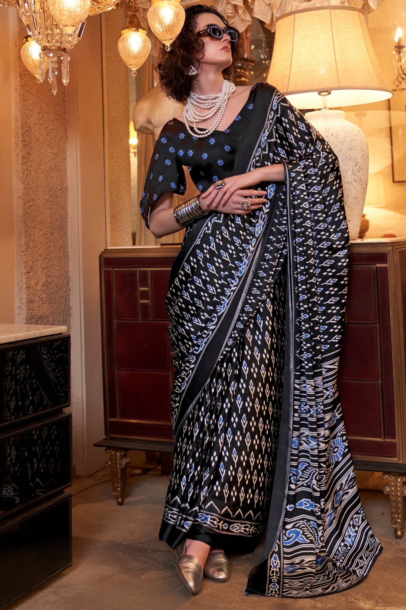 Buy MySilkLove Spider Black Patola Printed Satin Crepe Saree Online