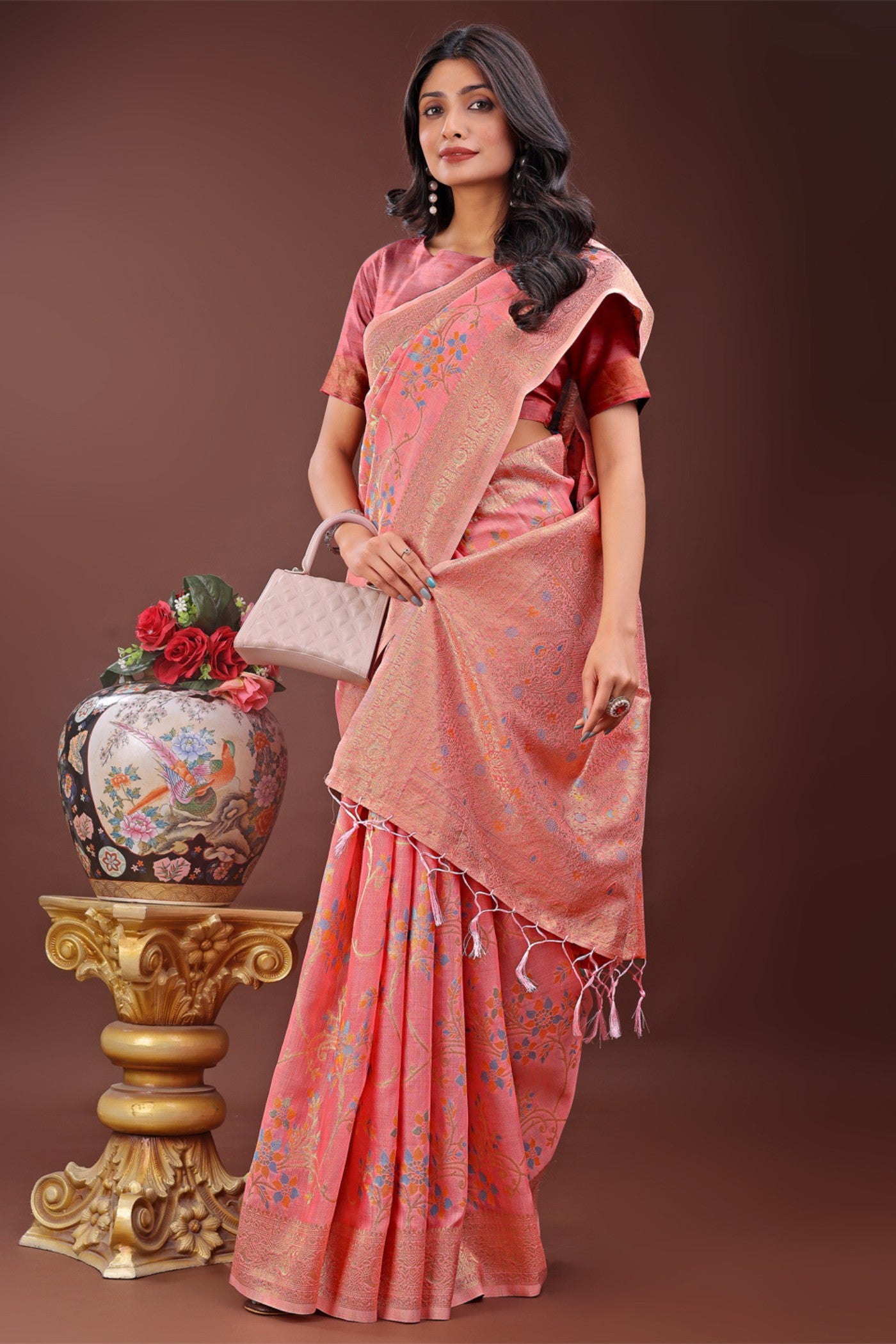 Buy MySilkLove Dusky Peach Linen Cotton Saree Online