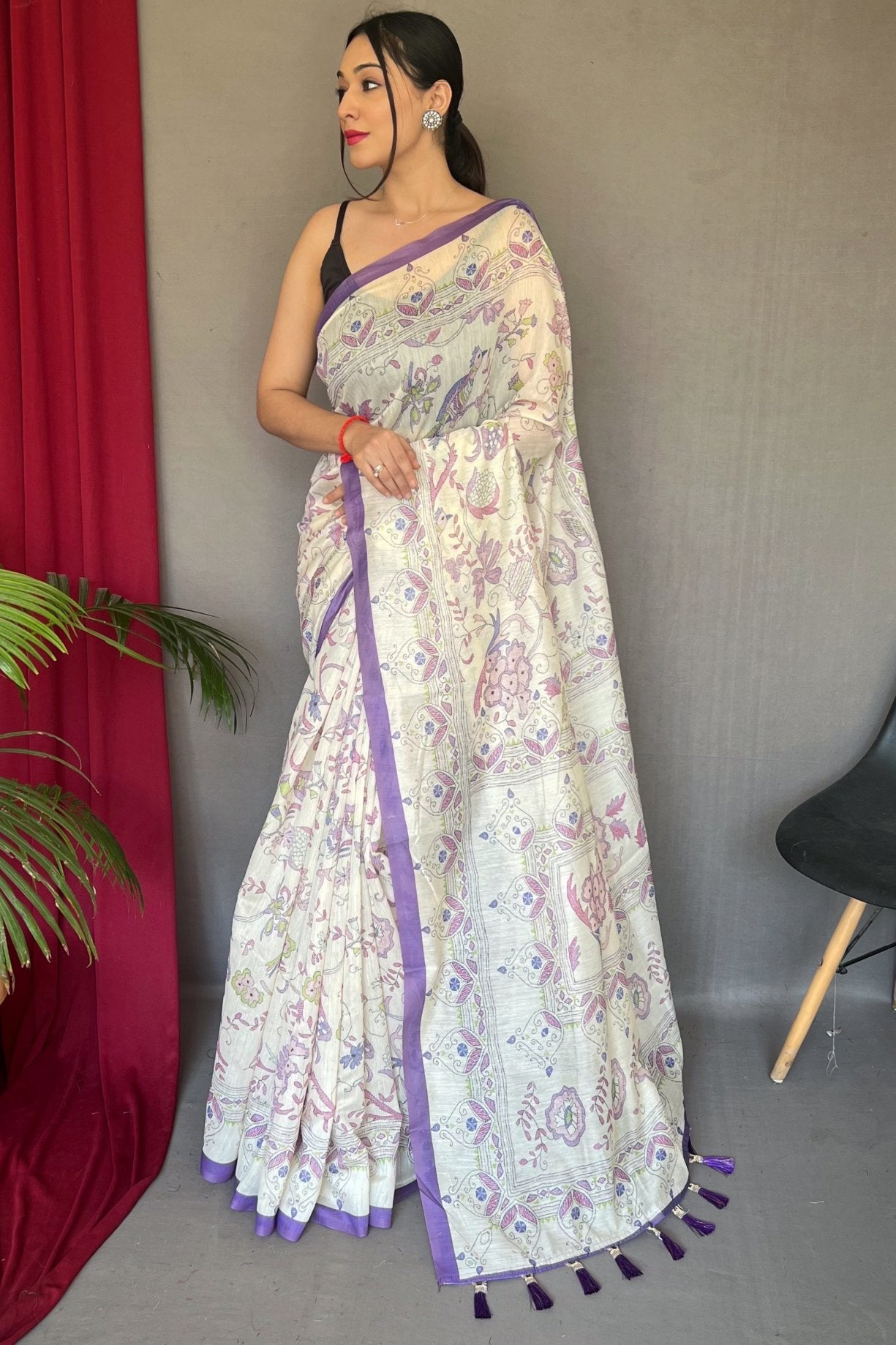 Buy MySilkLove Lily Purple and White Printed Cotton Saree Online