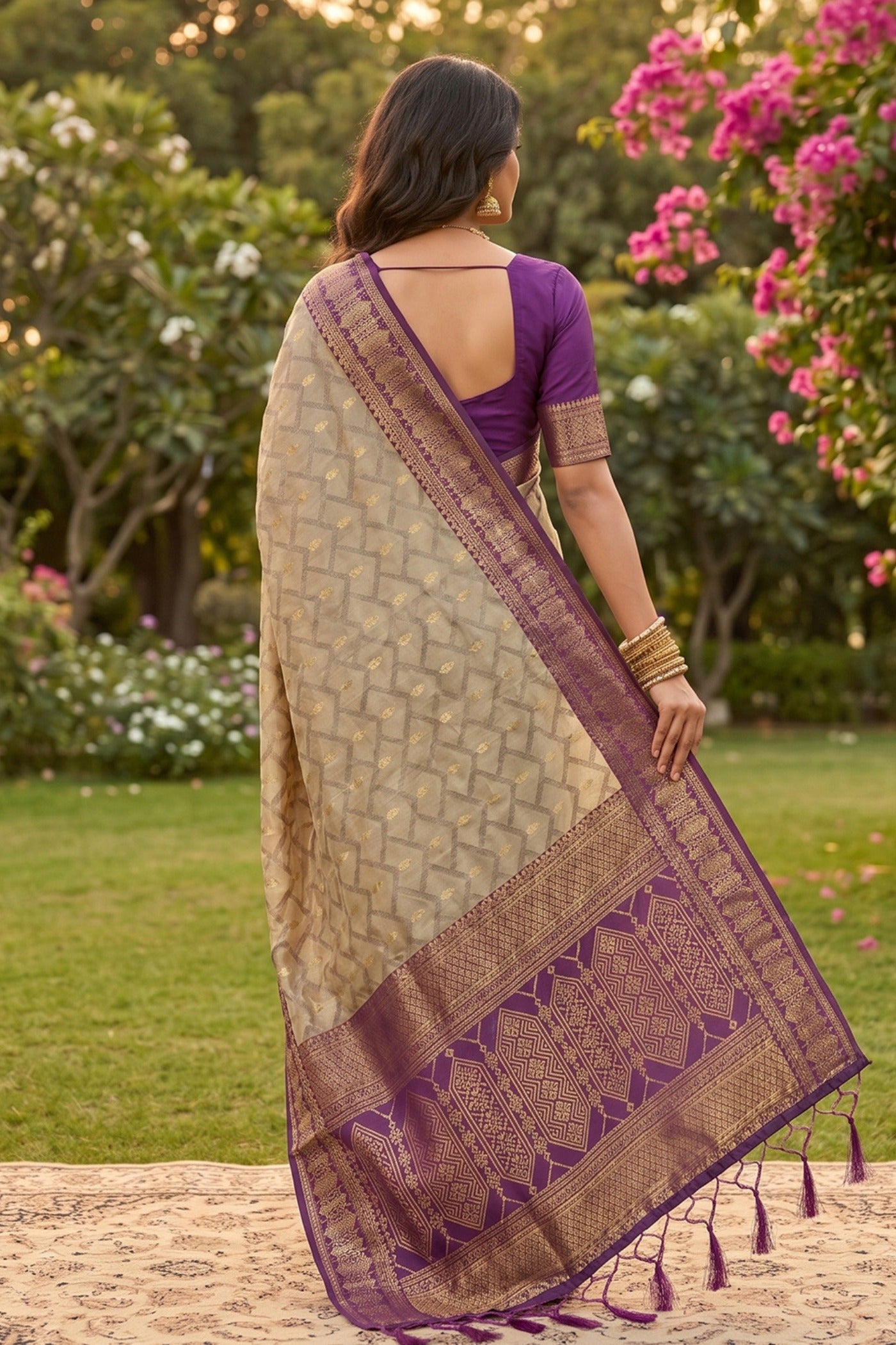 Buy MySilkLove Antique Cream and Purple Woven Banarasi Cotton Saree Online