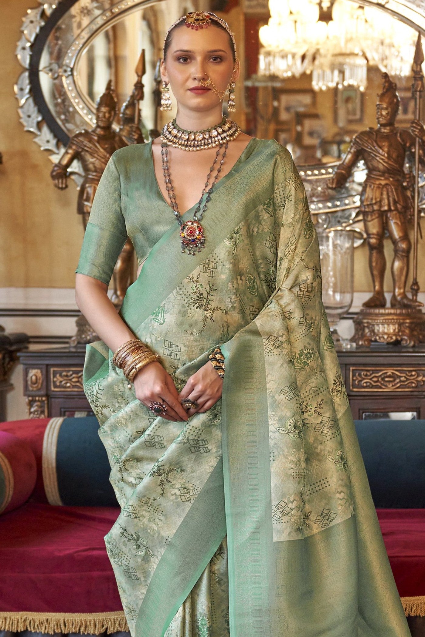 Buy MySilkLove Hillary Green Tussar Banarasi Digital Printed Saree Online