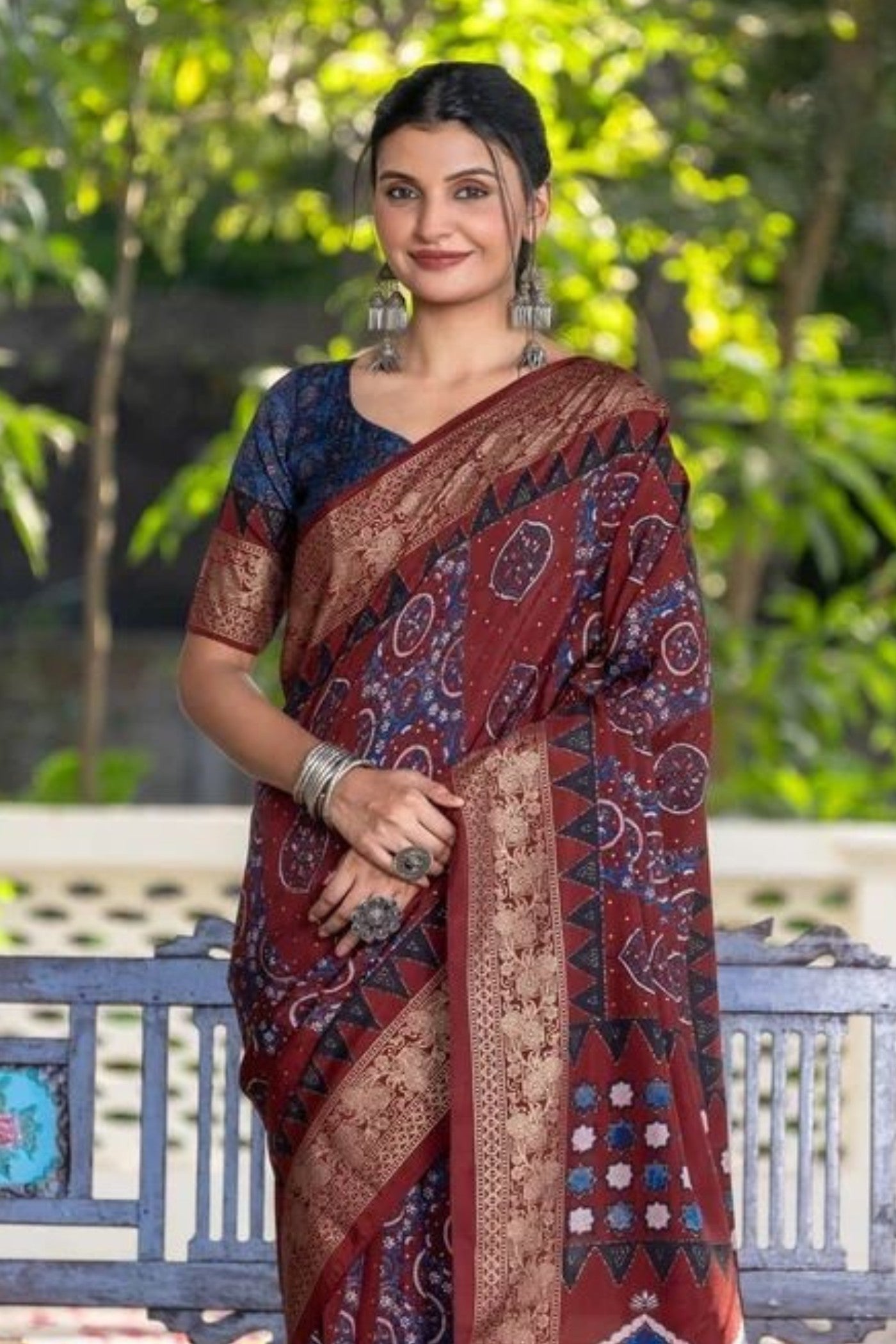 Buy MySilkLove Walnut Brown Ajrakh Digital Printed Satin Saree Online