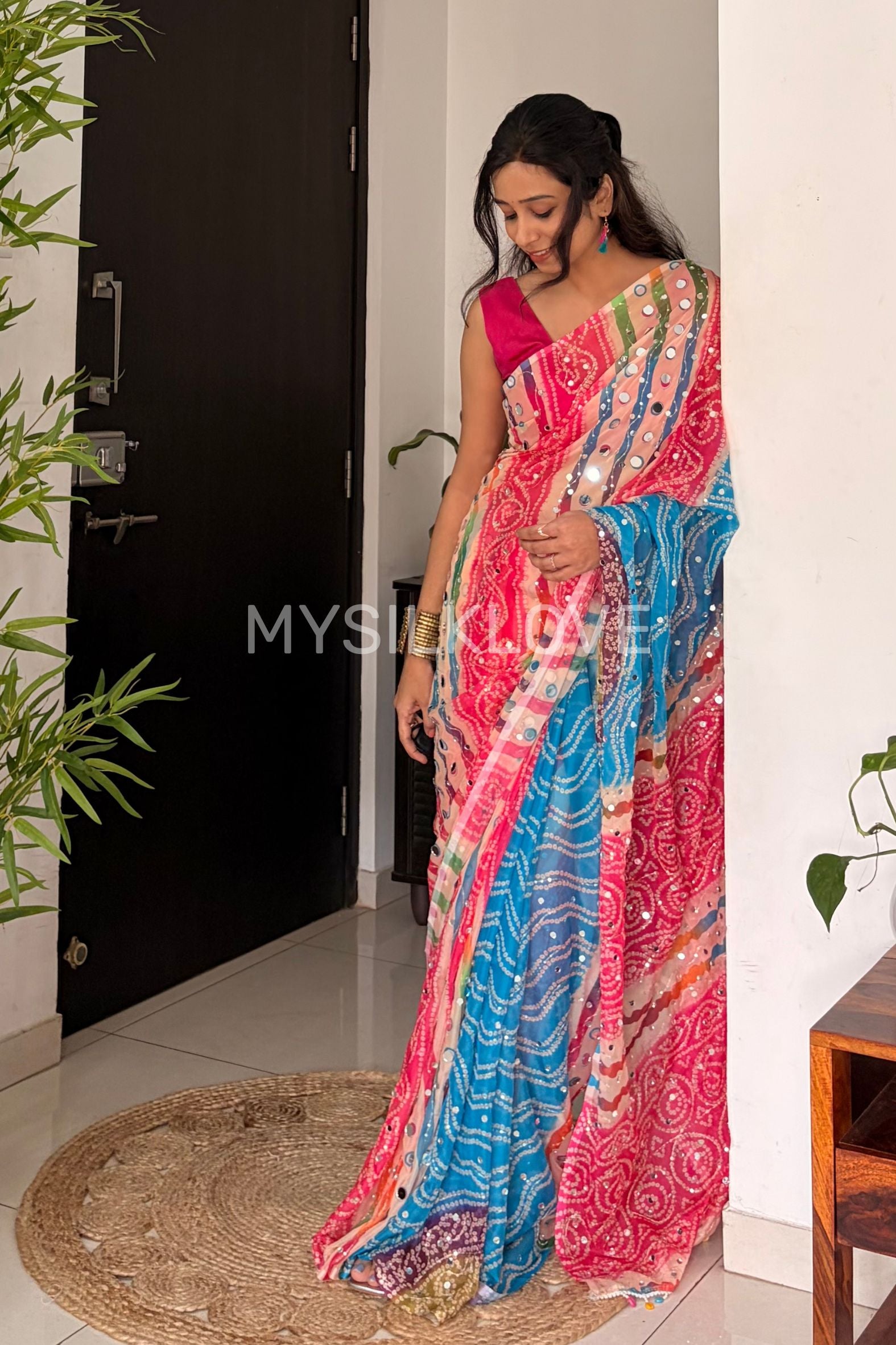 Buy MySilkLove Zareen Khan Inspired:  Pink and Blue Pure Georgette Mirror Work Saree Online