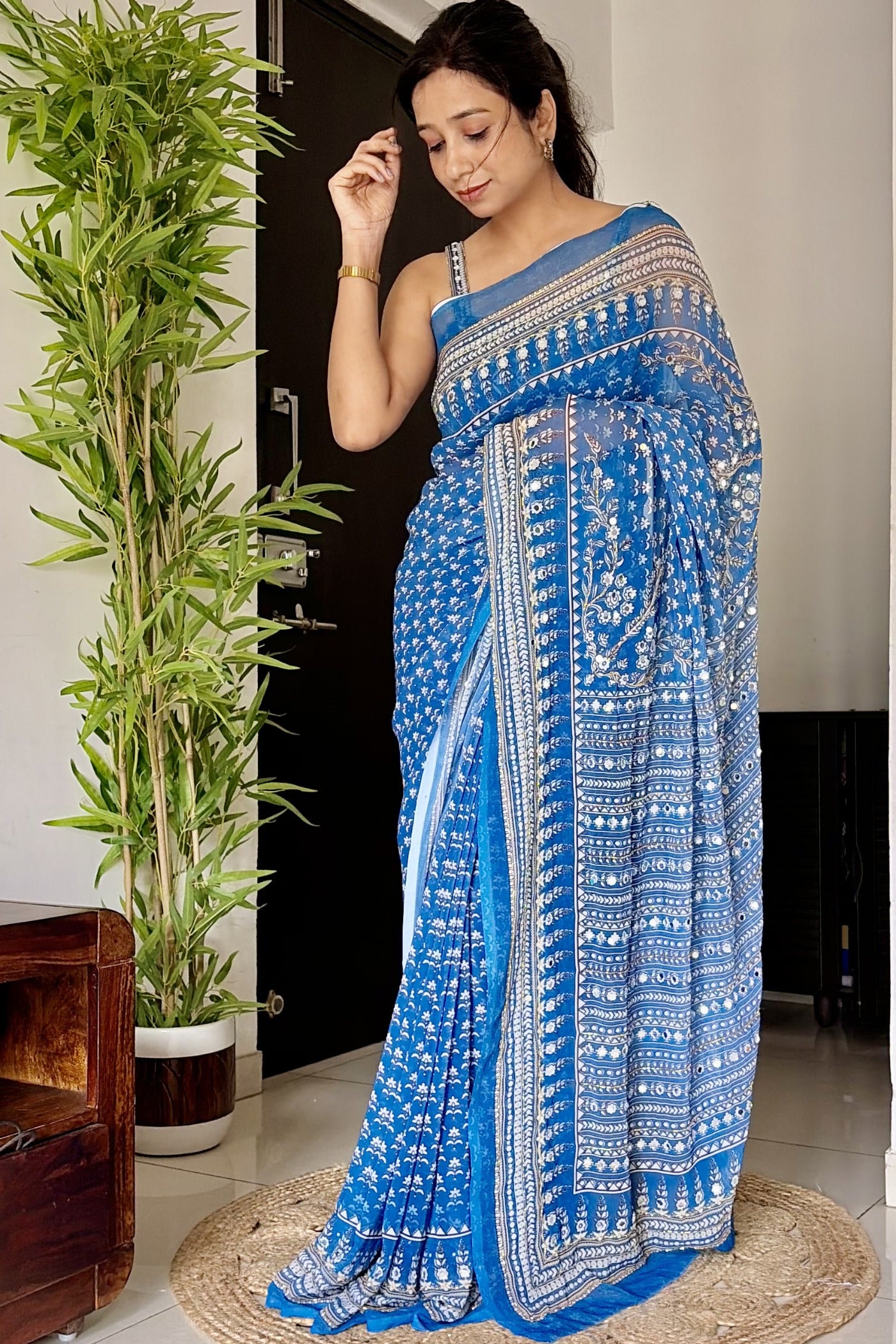 Buy MySilkLove Calypso Blue Ajrakh Georgette Printed Mirror Work Saree Online
