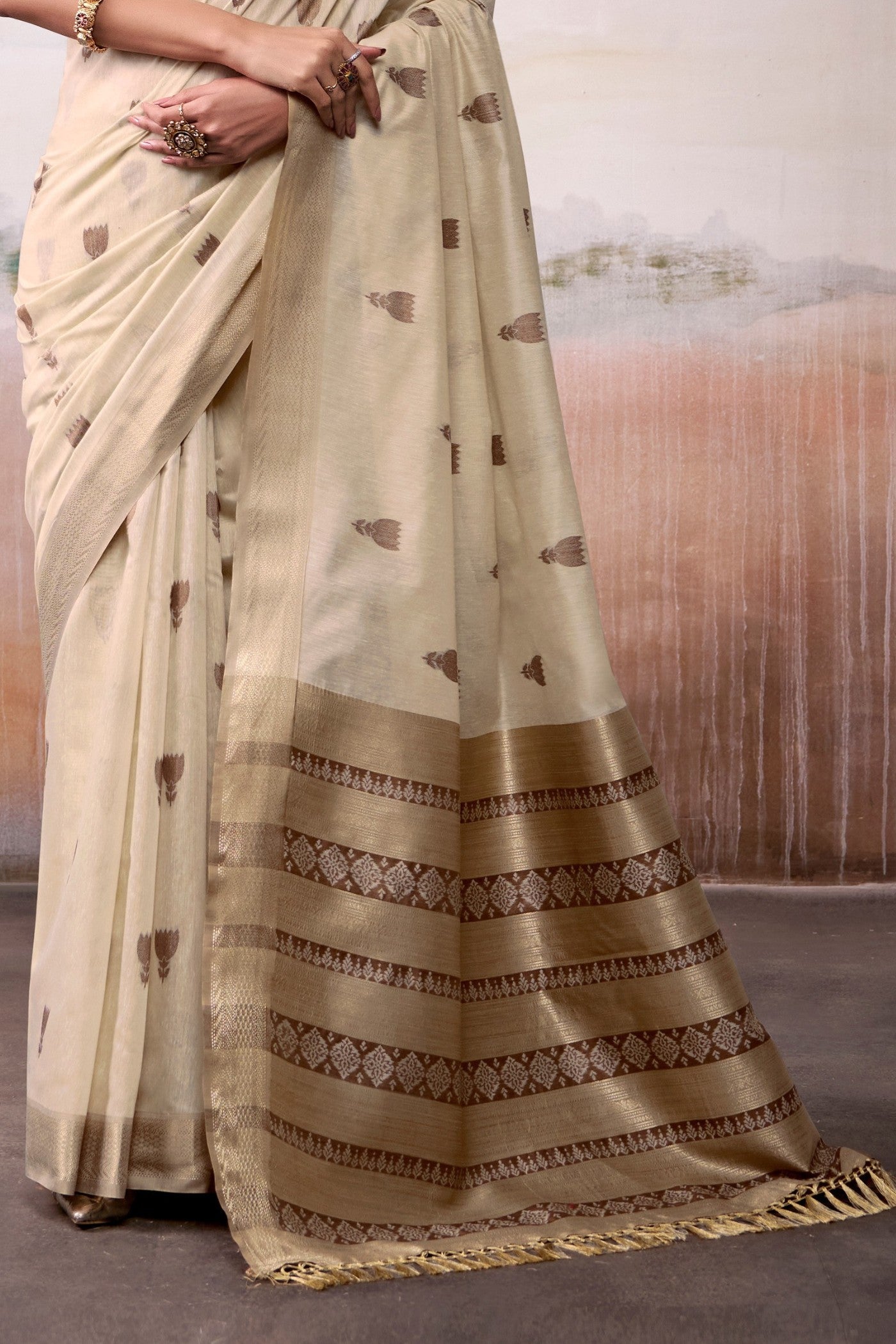 Buy MySilkLove Ivory Cream Woven Modal Cotton Saree Online
