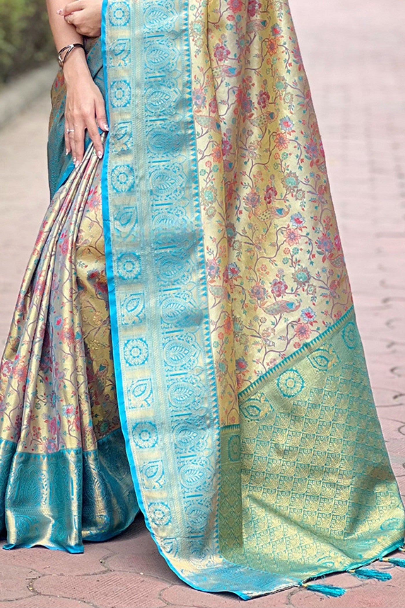 Buy MySilkLove Opal Blue and Cream Woven Banarasi Saree Online