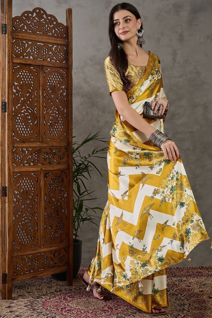 Buy MySilkLove Tulip Yellow Stripe Printed Floral Satin Gaji Silk Saree Online