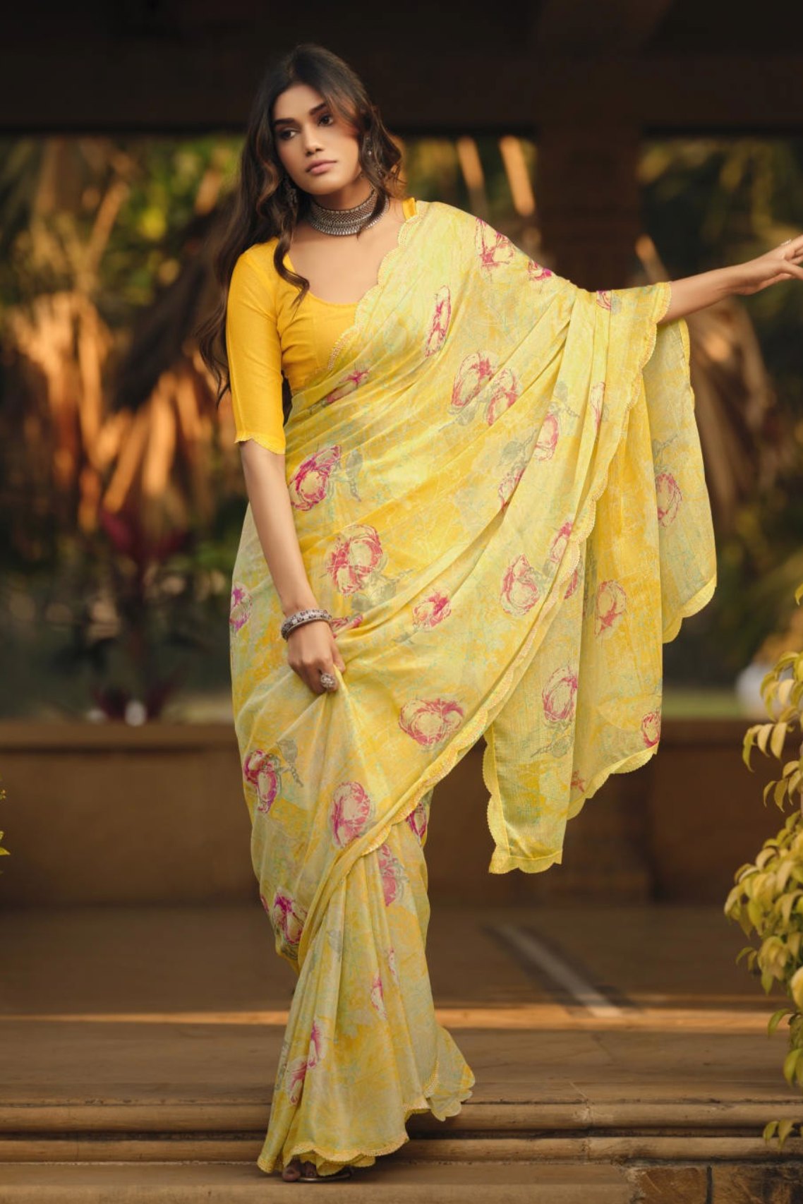 Buy MySilkLove Tulip Yellow Barasso Printed Saree Online