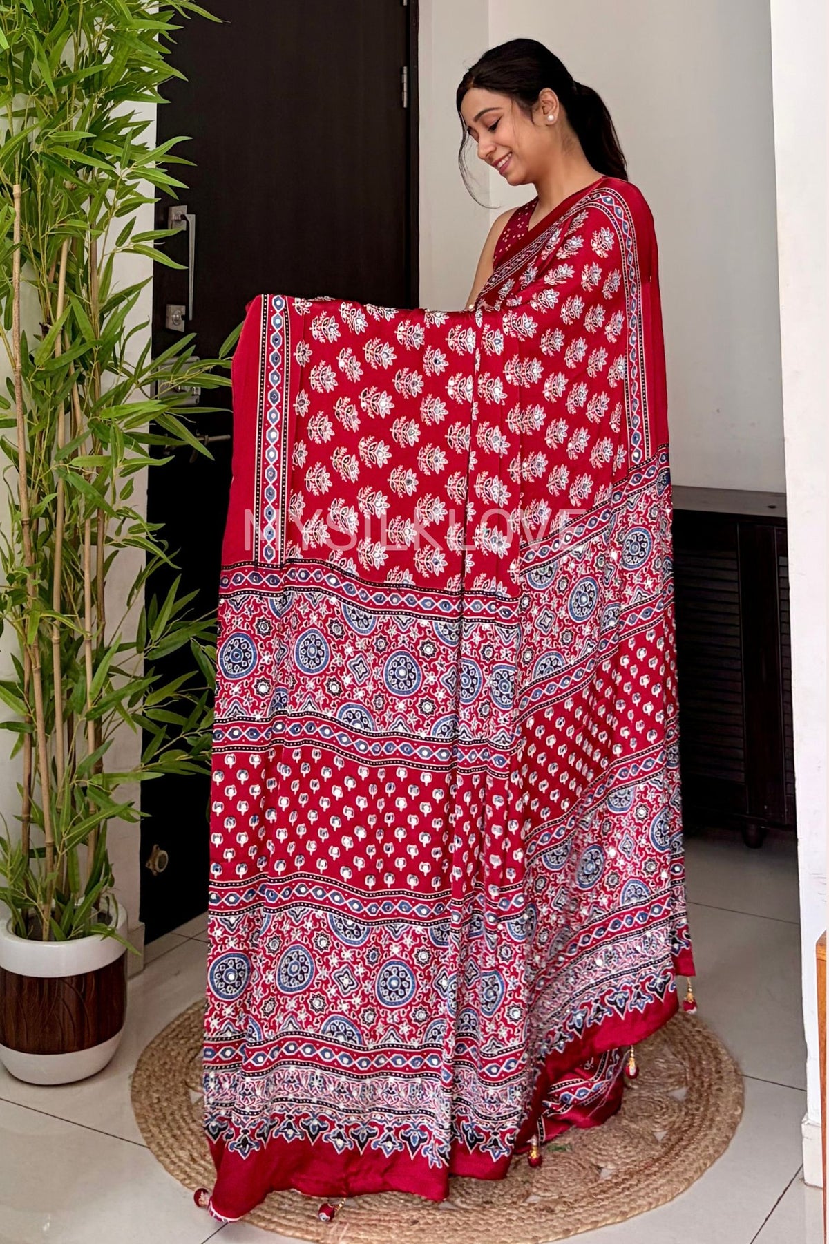 Buy MySilkLove Poppy Red Modal Ajrakh Satin Printed Mirror Work Saree Online
