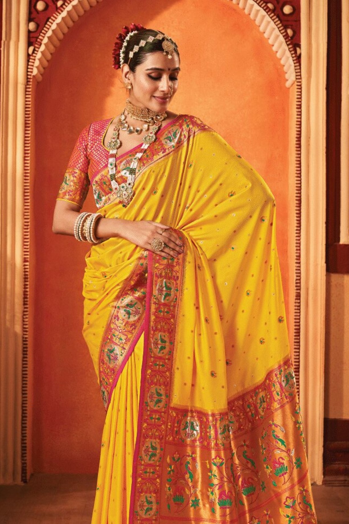 Buy MySilkLove Fire Bush Yellow Woven Paithani Saree Online