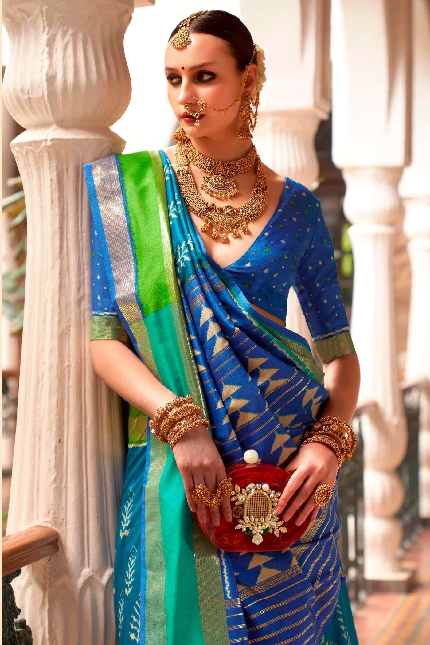 Buy MySilkLove Charm Blue and Green Printed Patola Saree Online