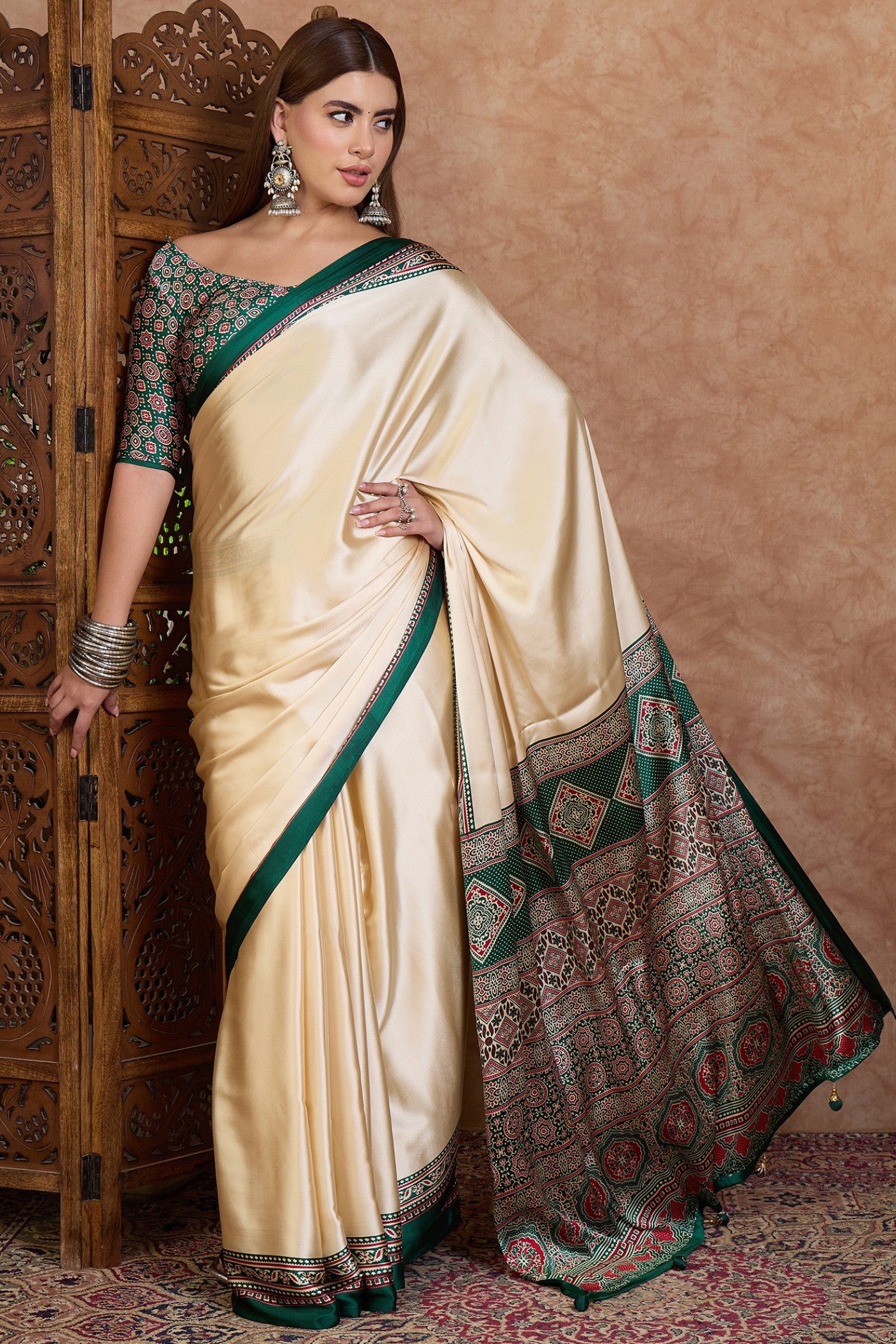 Buy MySilkLove Rice Cream and Green Ajrakh Printed Satin Crepe Silk Saree Online