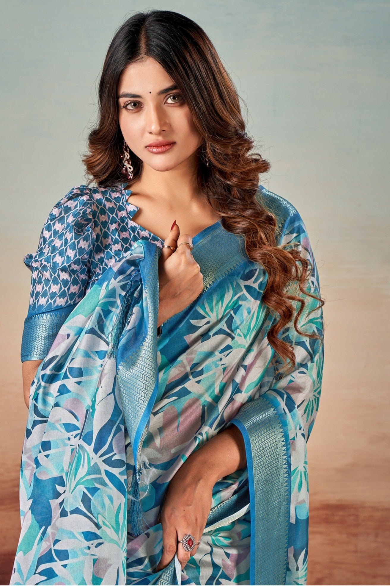 MySilkLove Sky Blue Banarasi Digital Printed Saree