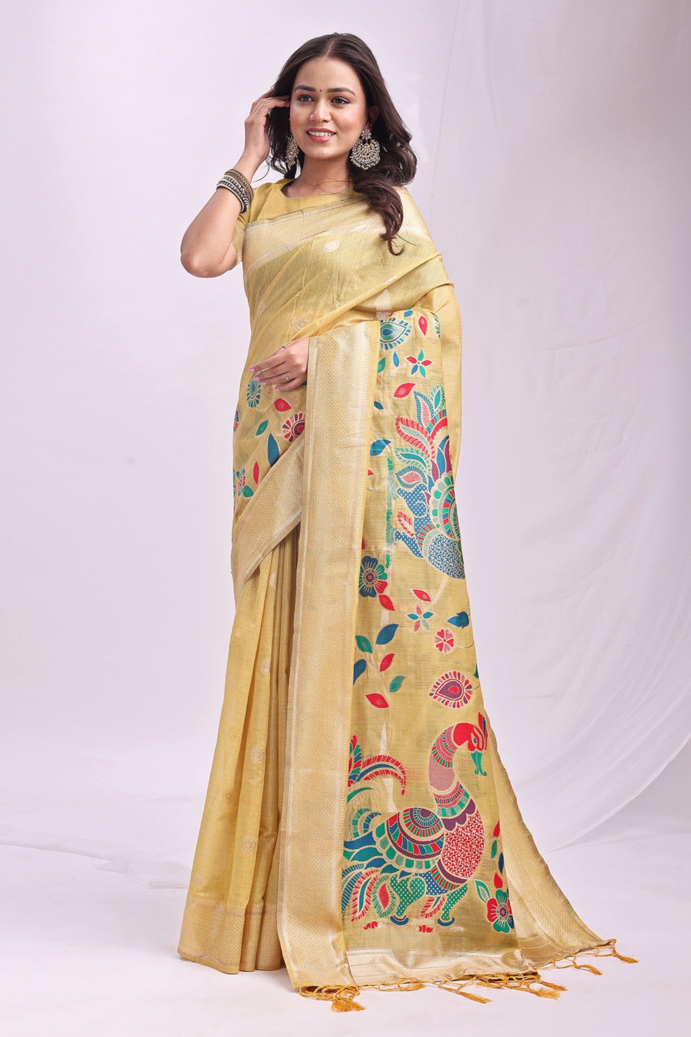 Buy MySilkLove Sun Yellow Woven Linen Cotton Saree Online