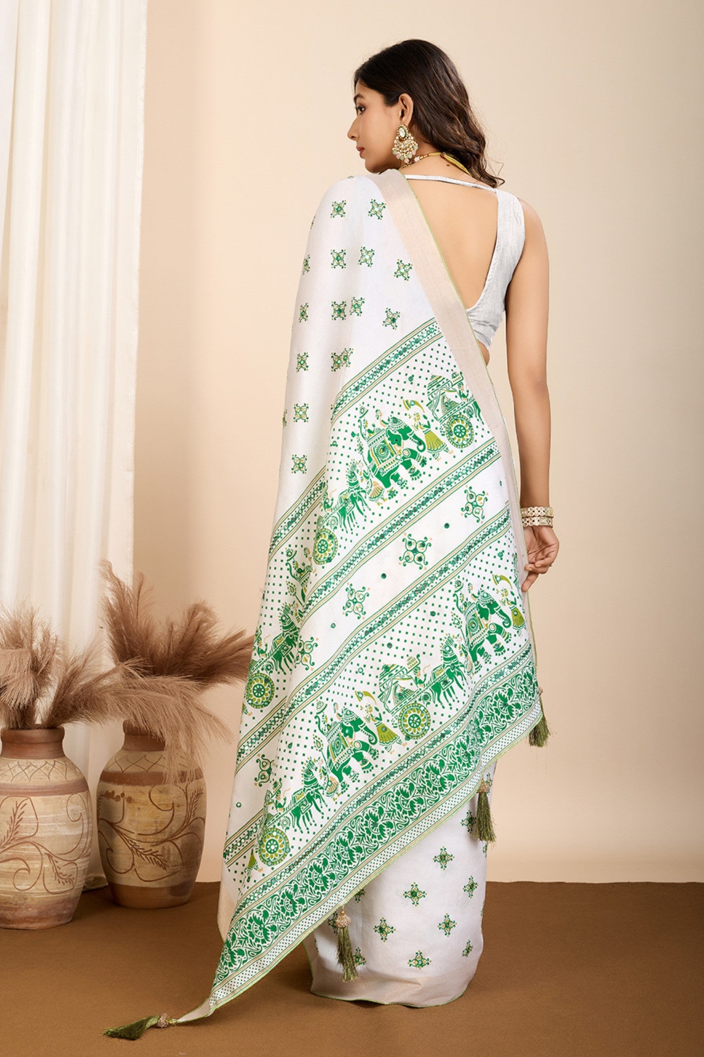 Buy MySilkLove Pearl White and Green Printed Cotton Designer Saree Online