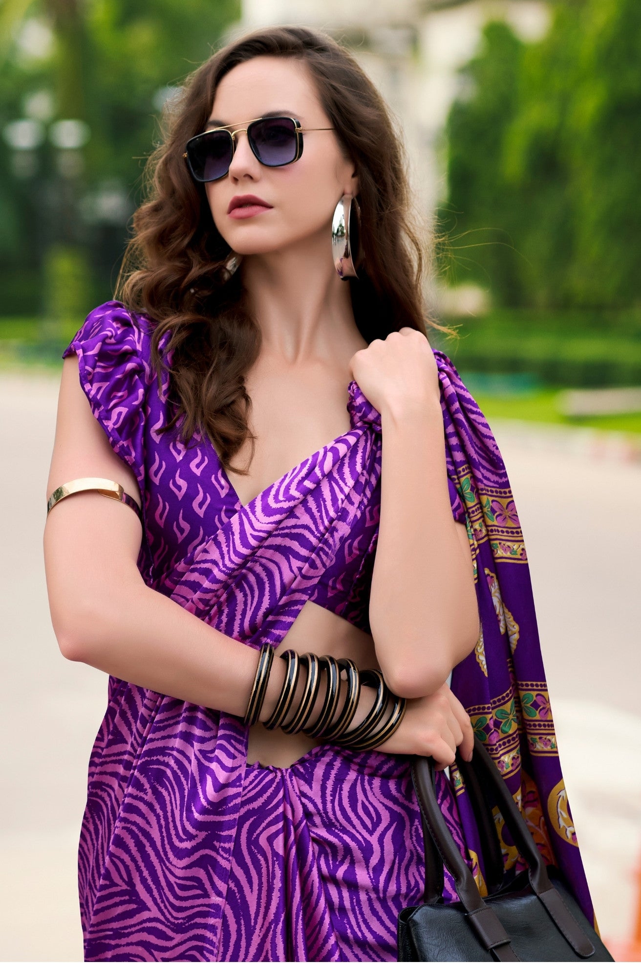 MySilkLove Violet Purple Printed Satin Crepe Saree