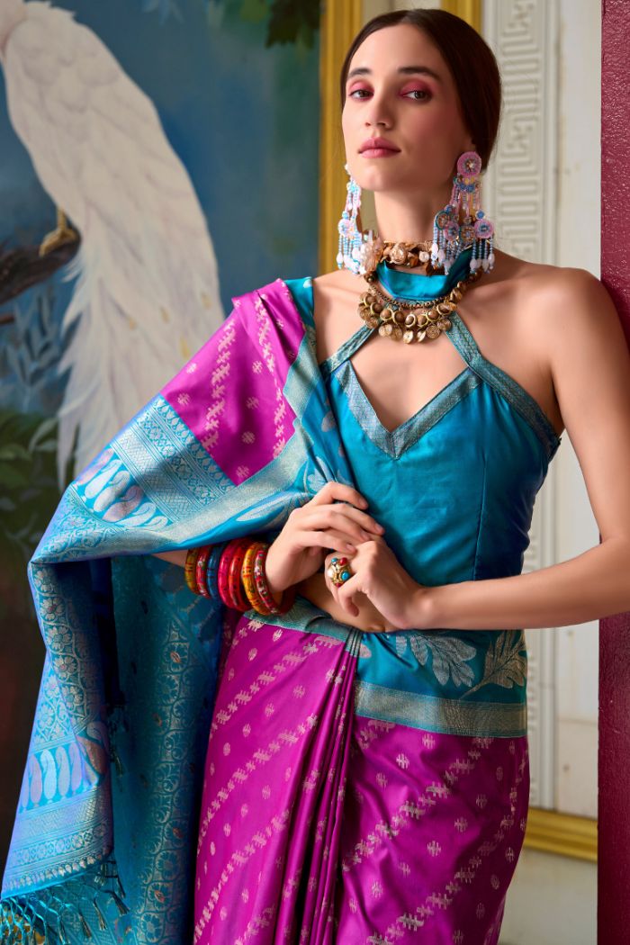 Buy MySilkLove Mulberry Purple and Blue Banarasi Soft Silk Saree Online