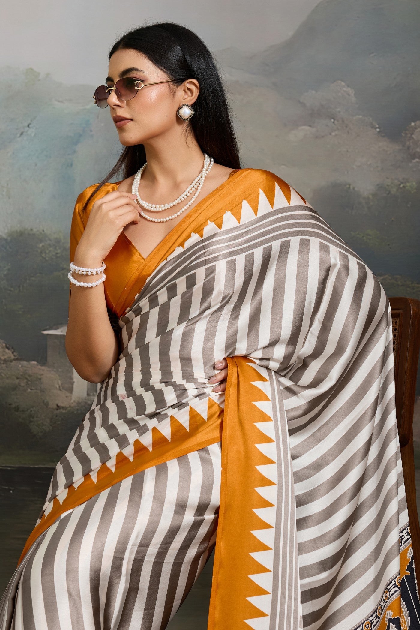 MySilkLove Bone White and Yellow Ajrakh Printed Satin Crepe Silk Saree