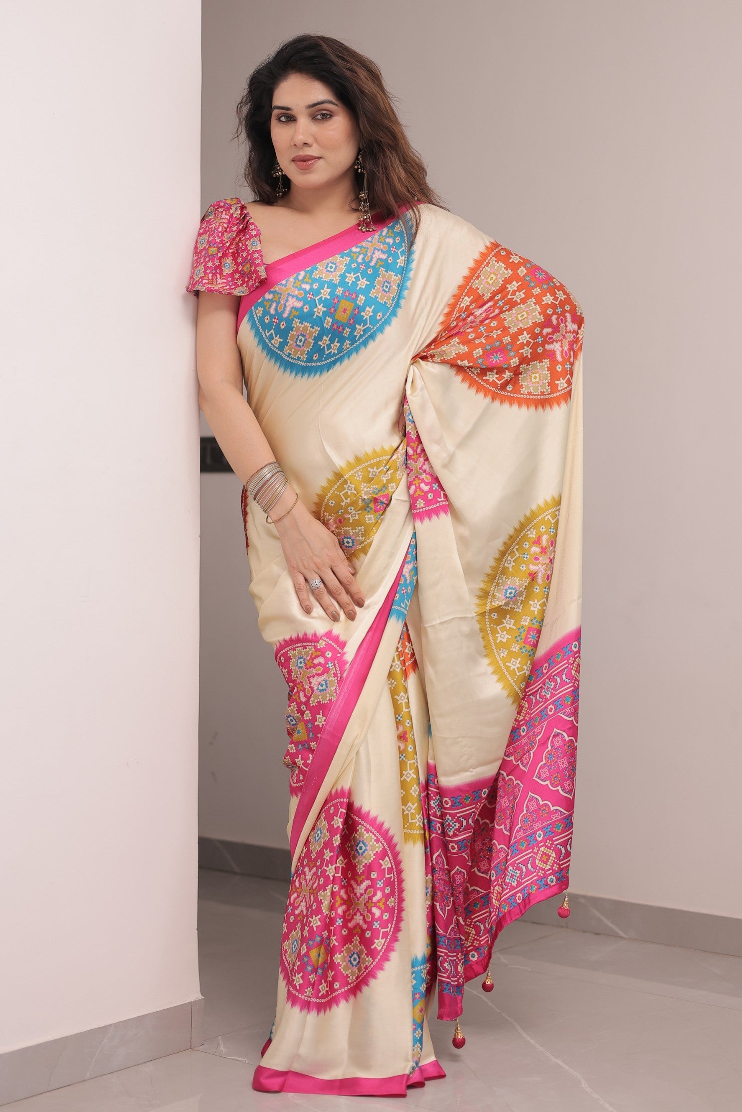 Buy MySilkLove Vanilla Cream and Pink Modal Ajrakh Printed Silk Saree Online