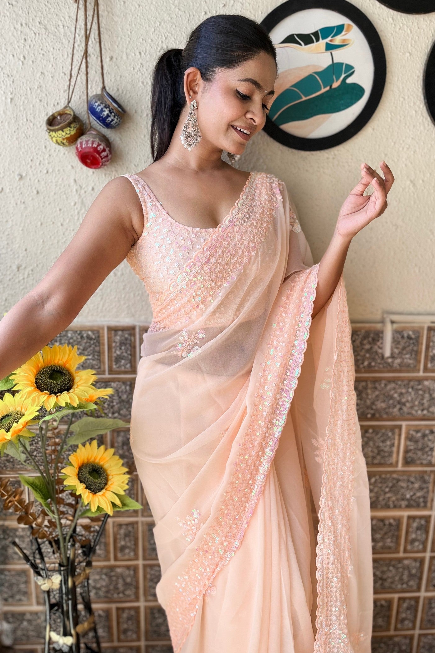 MySilkLove Peach Carnations Embroidery Georgette saree