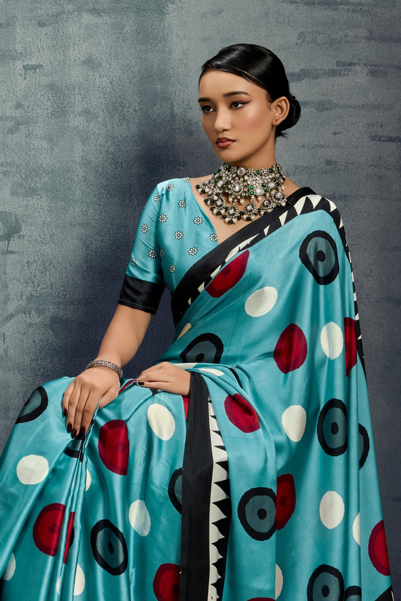Buy MySilkLove Dusty Blue Ajrakh Printed Satin Crepe Silk Saree Online