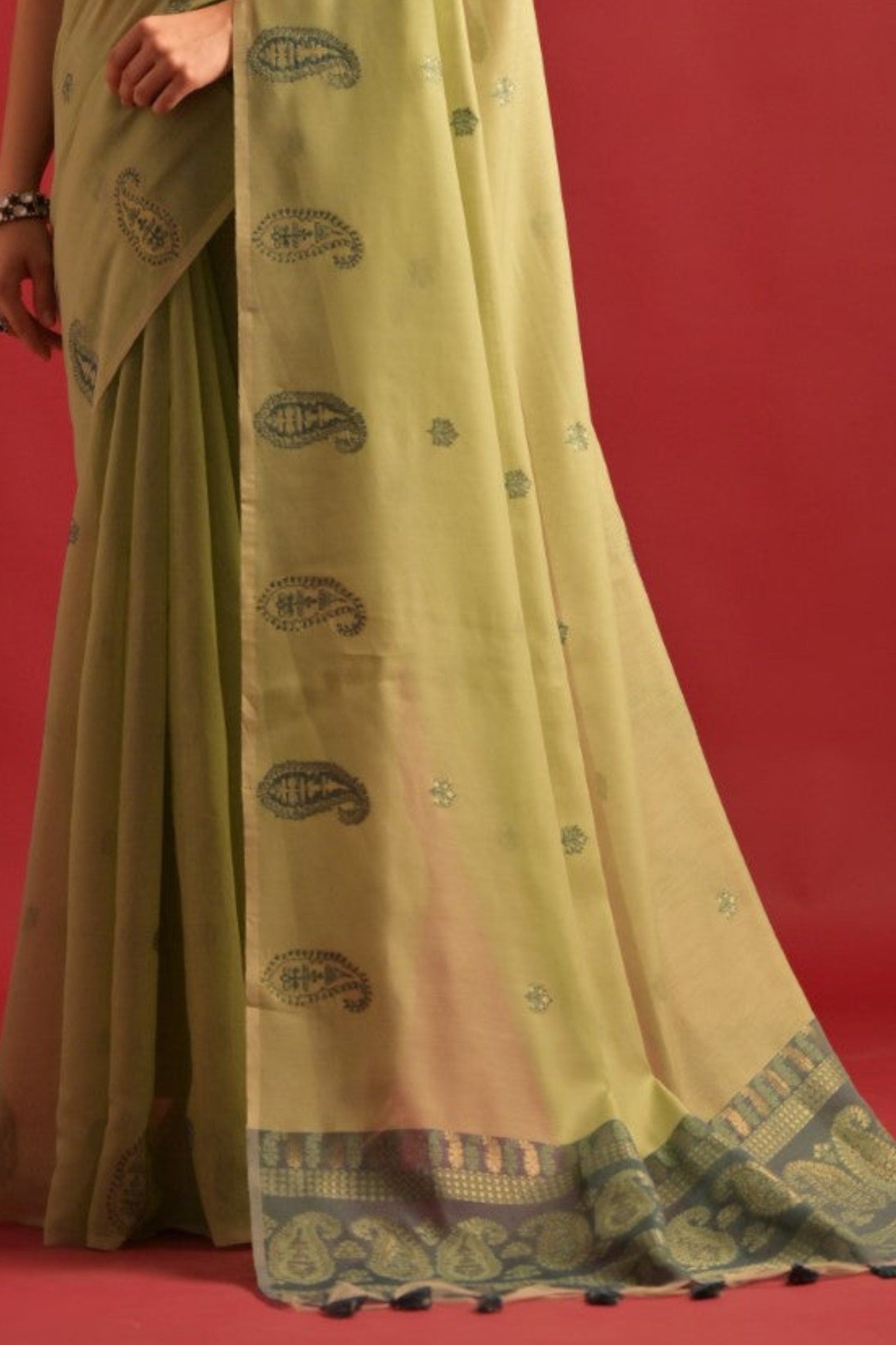 Buy MySilkLove Pista Green Woven Mul Cotton Saree Online