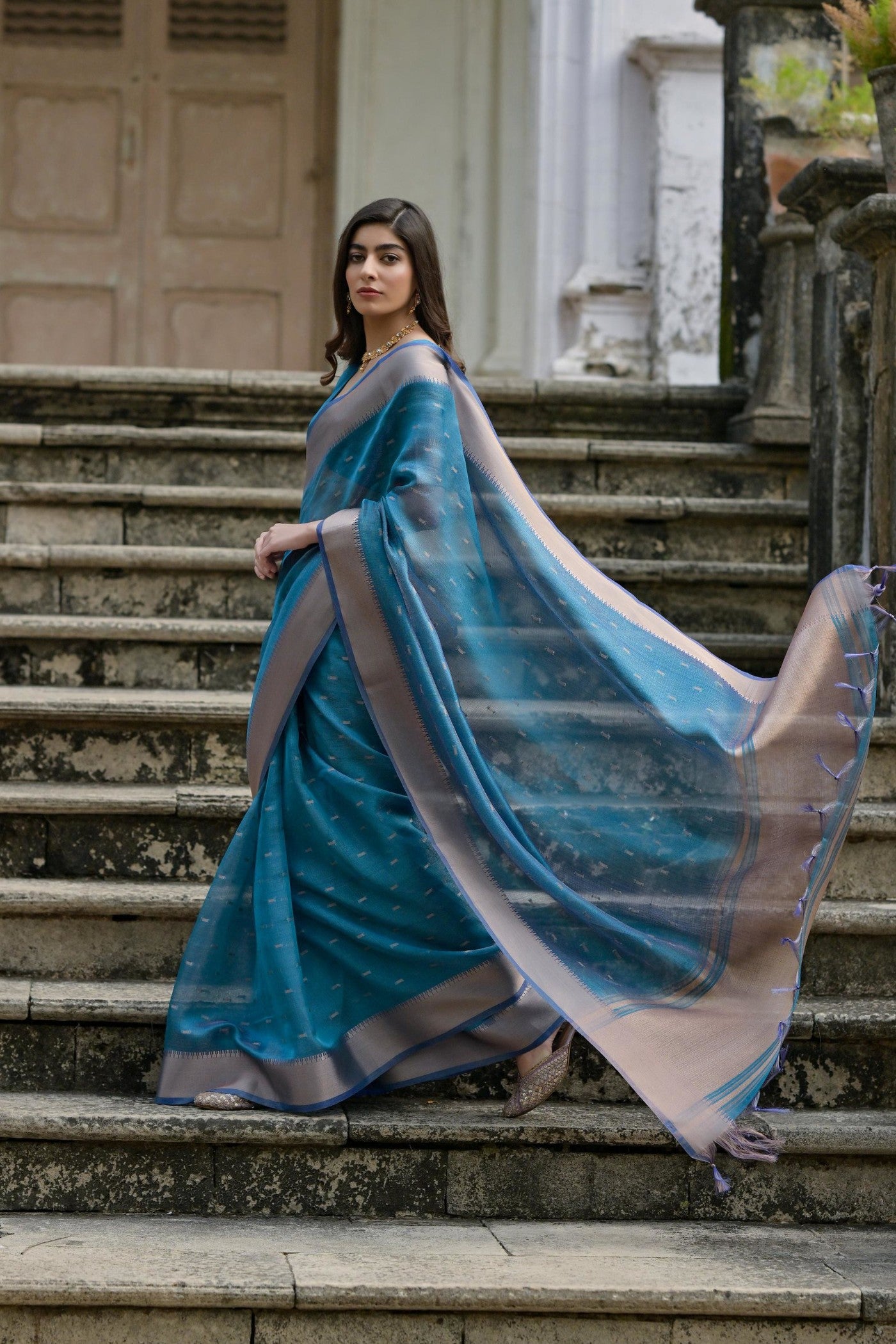 Buy MySilkLove Cyan Blue Woven Banarasi Saree Online