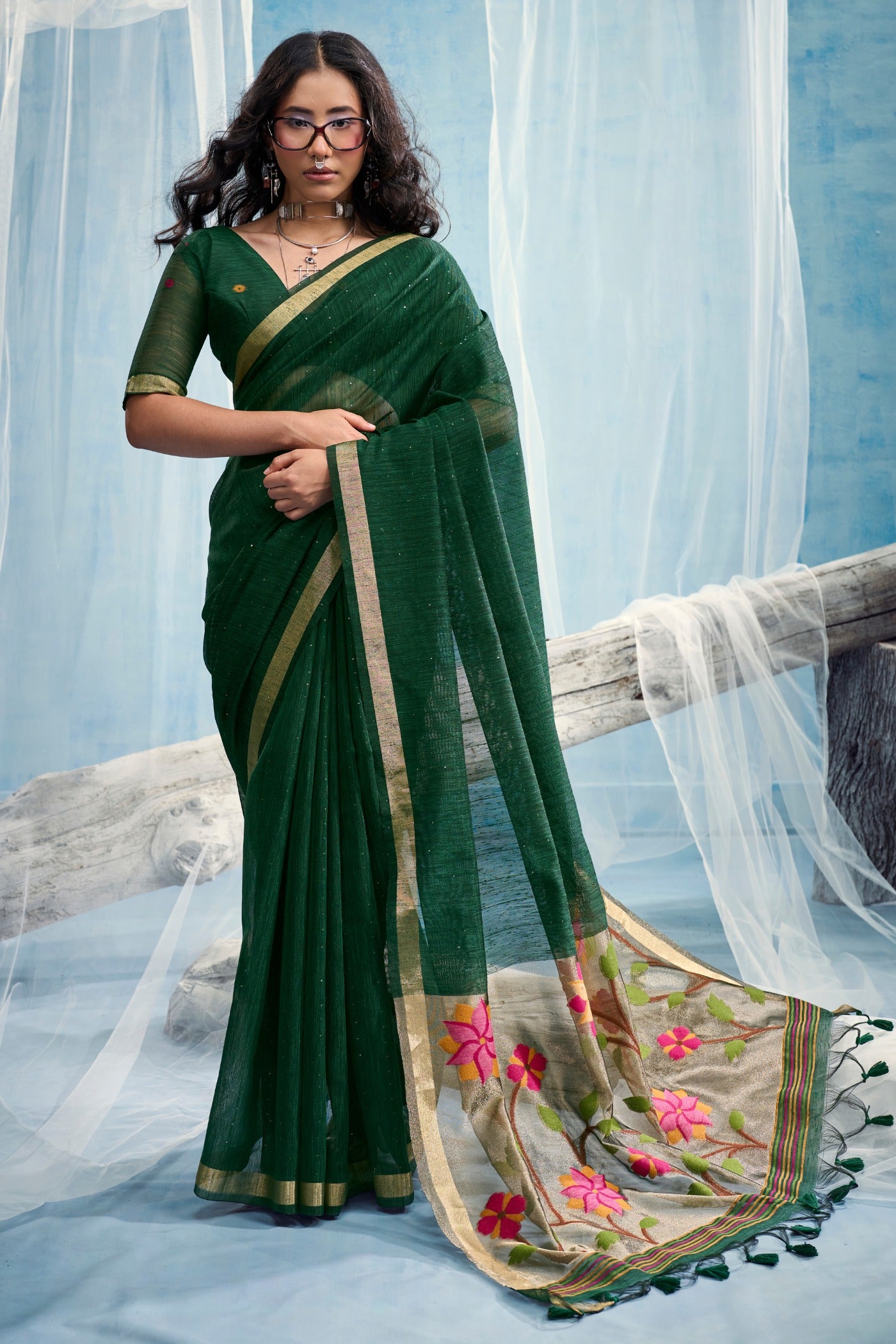 Buy MySilkLove Jungle Green Munga Handloom Tissue Pallu Saree Online
