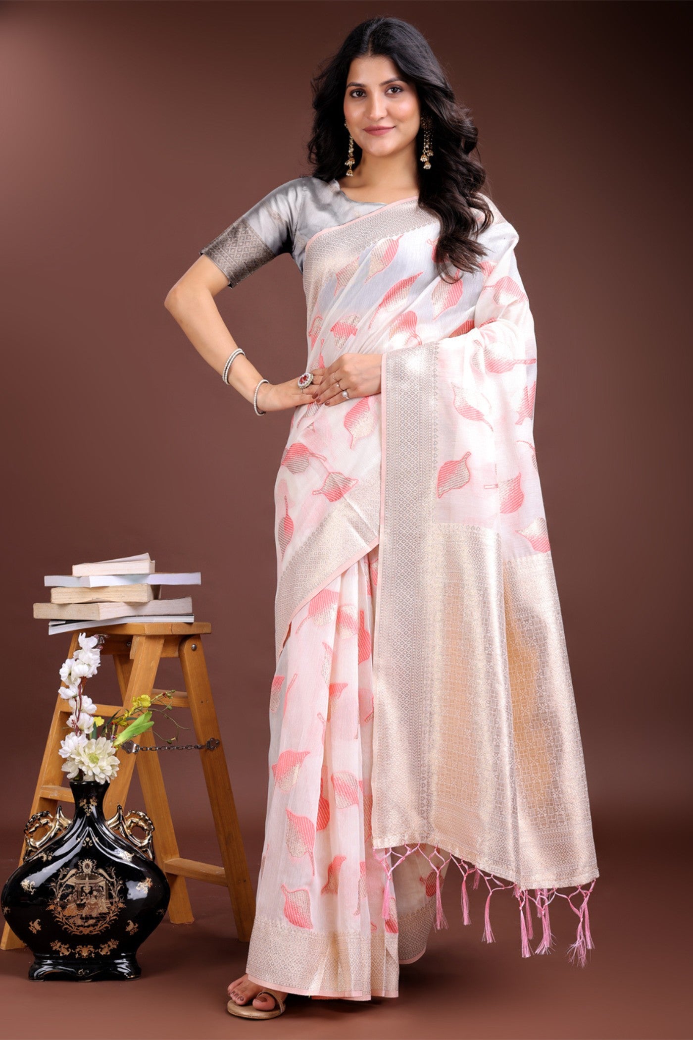 Buy MySilkLove Kalfo White and Pink Woven Cotton Saree Online