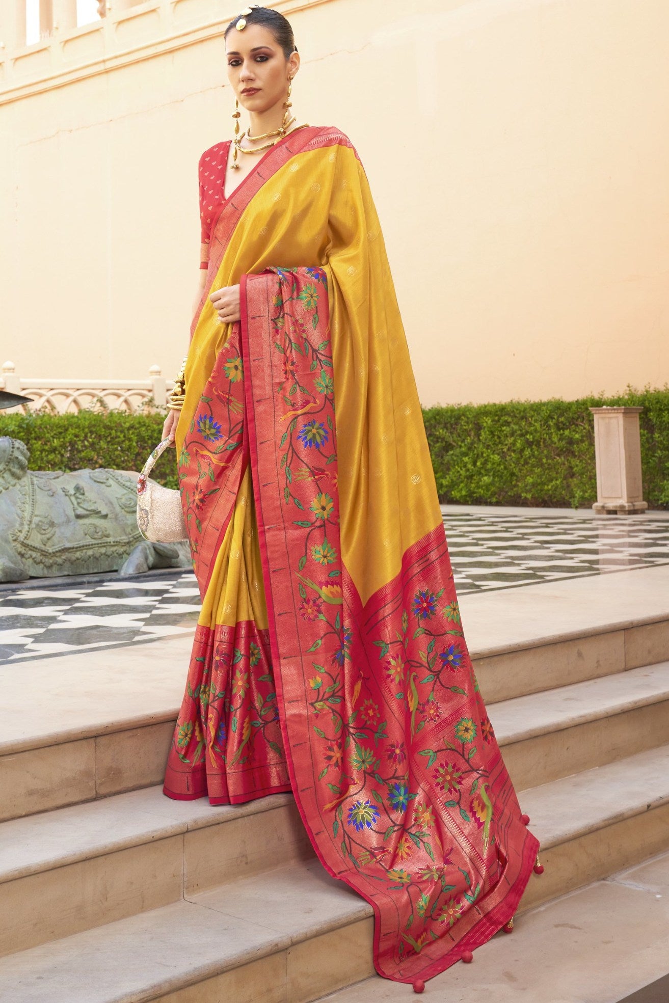 Buy MySilkLove Mustterd Yellow and Red Woven Paithani Designer Saree Online