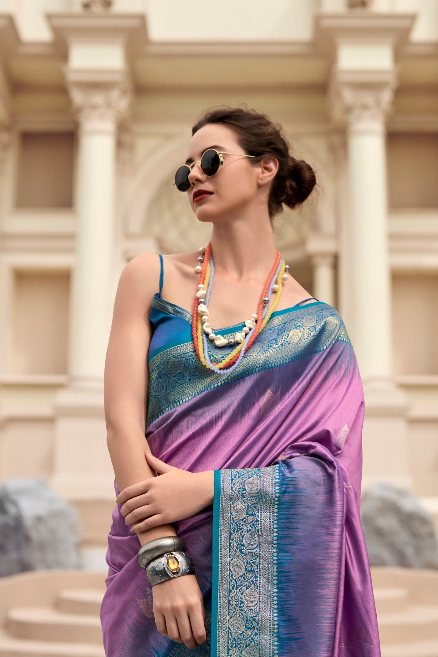 Buy MySilkLove Tapestry Purple Woven Banarasi Soft Silk Saree Online