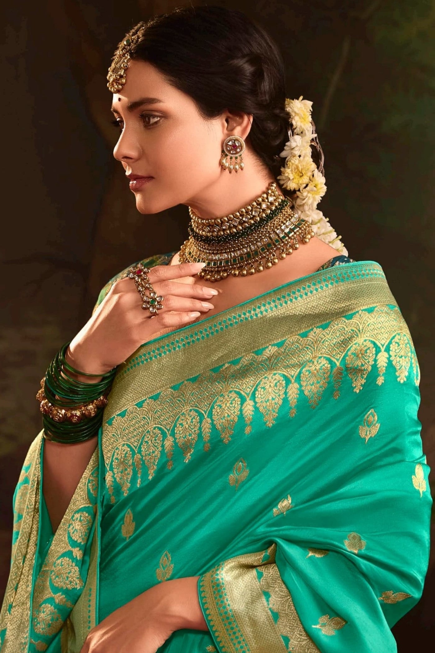 Buy MySilkLove Emerald Green Designer Banarasi Dola Silk Saree Online