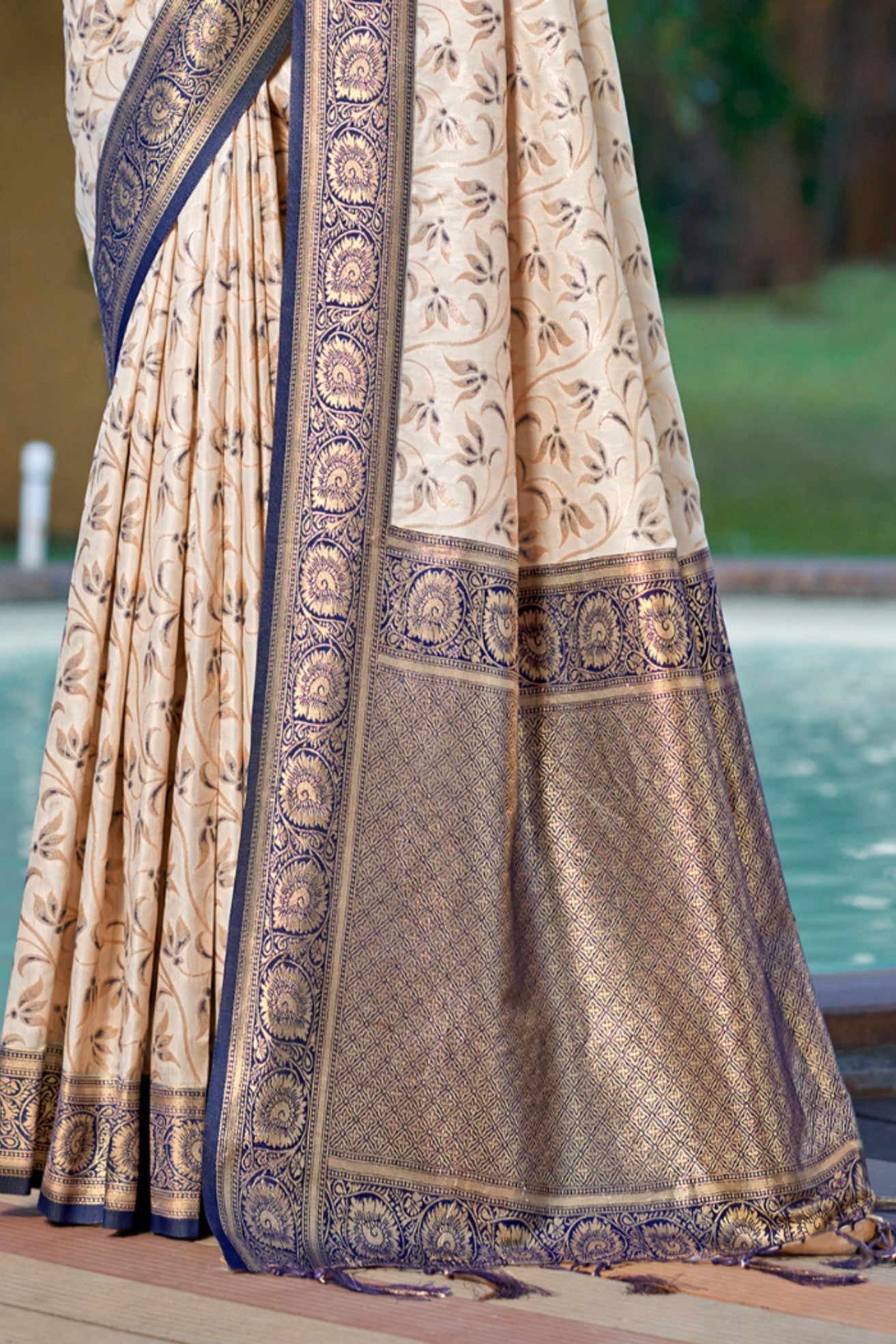 Buy MySilkLove Coffee Cream and Blue Woven Banarasi Saree Online