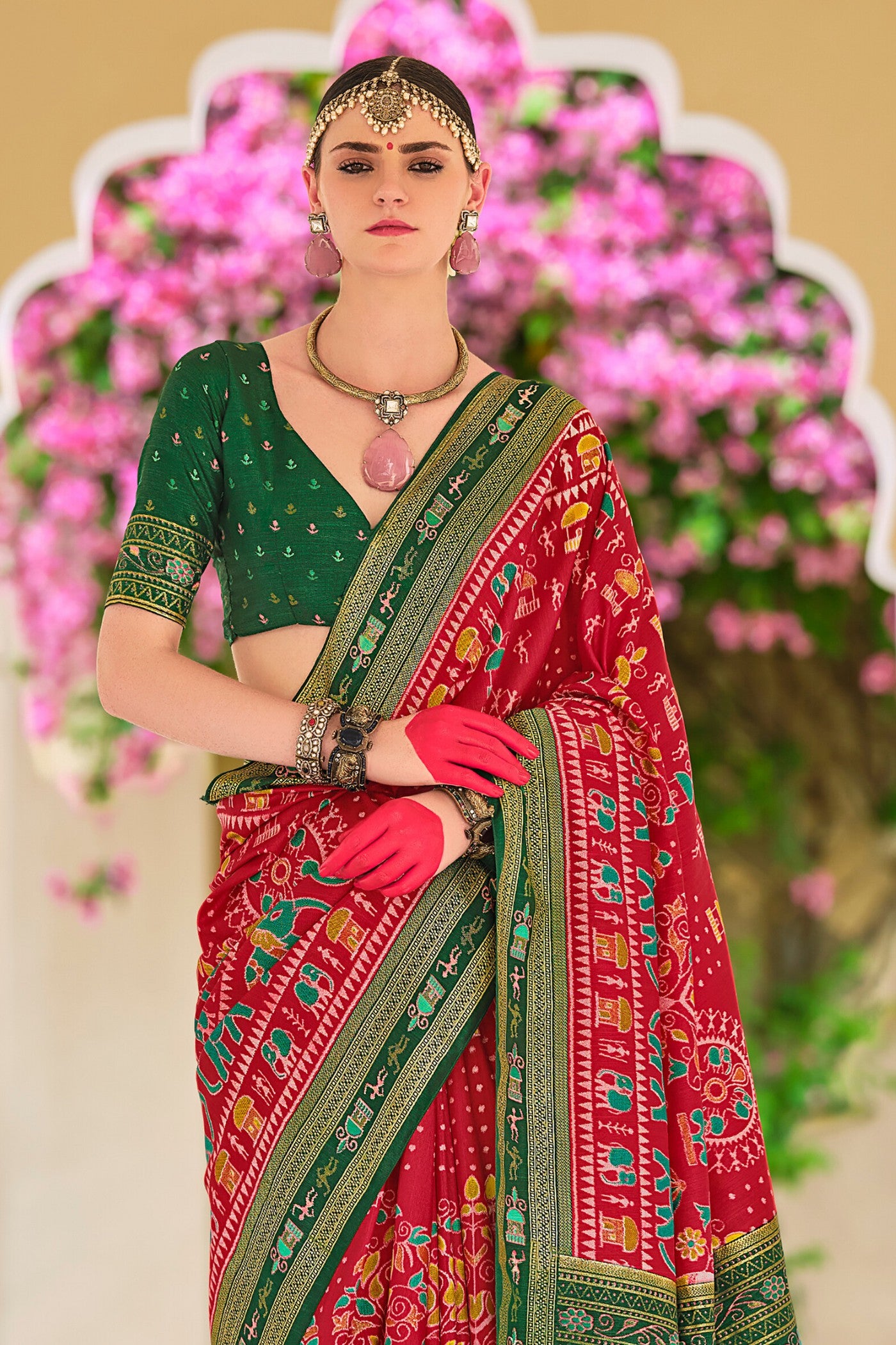 Buy MySilkLove Chilly Red and Green Printed Patola Saree Online