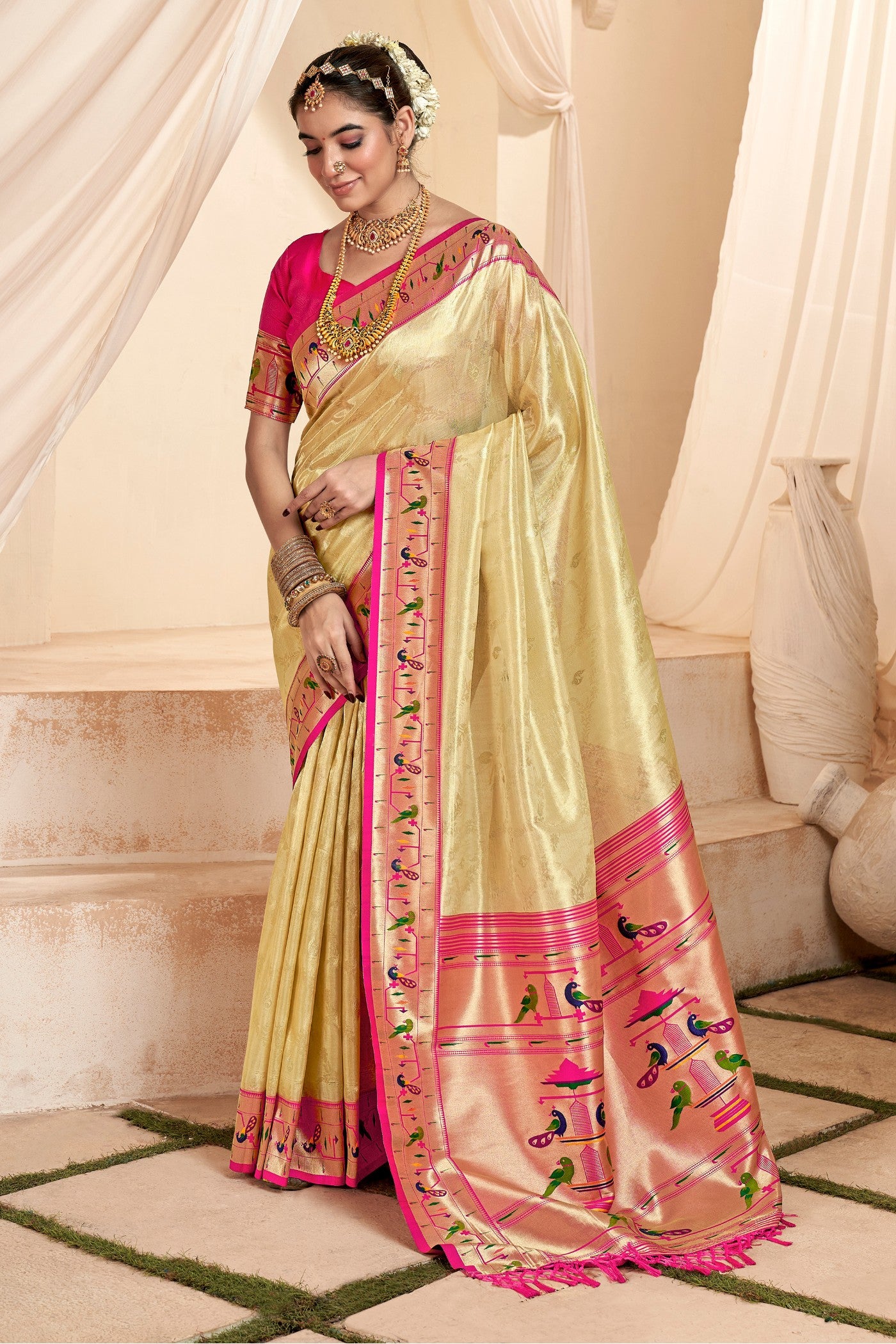 Buy MySilkLove Burly Wood Cream Zari Woven Paithani Tissue Saree Online