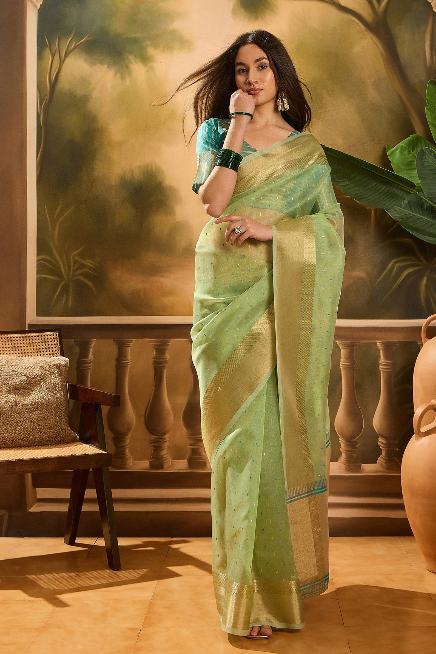 Buy MySilkLove Gin Green Woven Organza Saree Online