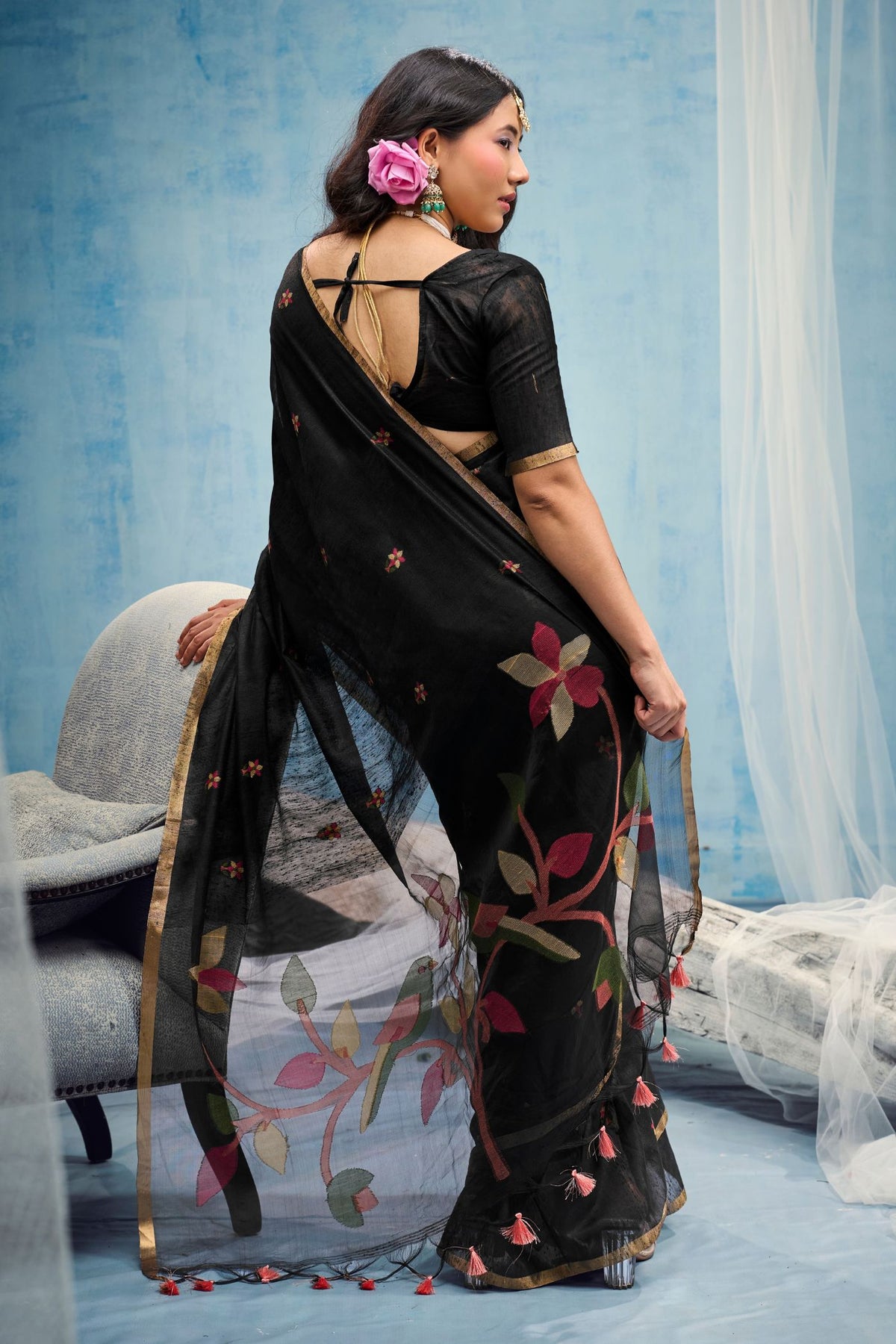 Buy MySilkLove Slate Black Munga Handloom Silk Cotton Saree Online